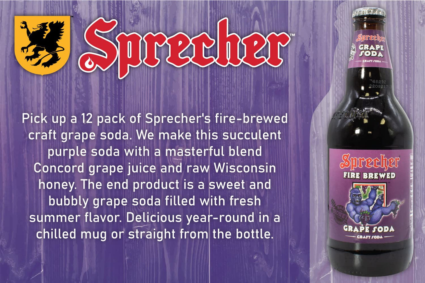 Sprecher Grape Soda, Great Tasting, Hand Crafted, Fire-Brewed, Gourmet, Craft Soda, 16oz Glass Bottles- 12 PACK