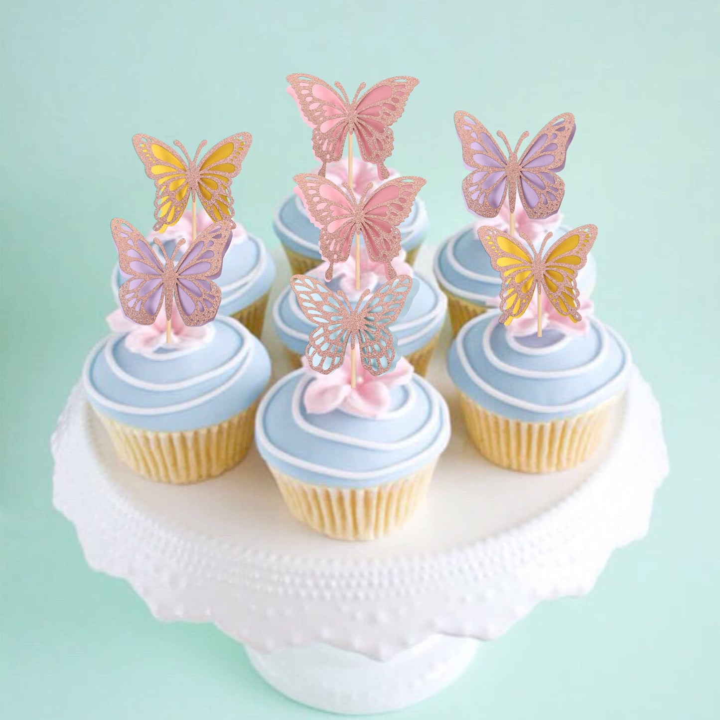 24 Pcs Butterfly Cupcake Toppers Assembled Rose Gold Glitter Double Layers 3D Butterfly Baby Shower Cupcake Food Picks Decoratio