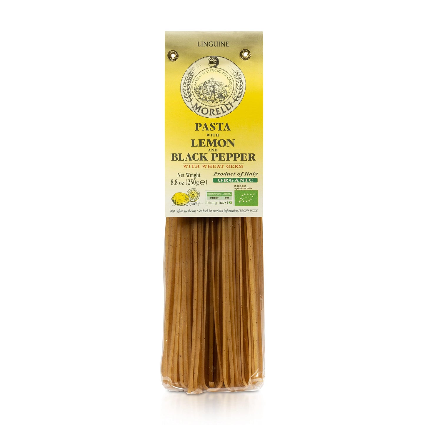 MORELLI Lemon Pepper Linguine Pasta - Organic, Naturally Flavored, 8.8 Ounce (Pack of 16), Italian Basil Green, Model 14120