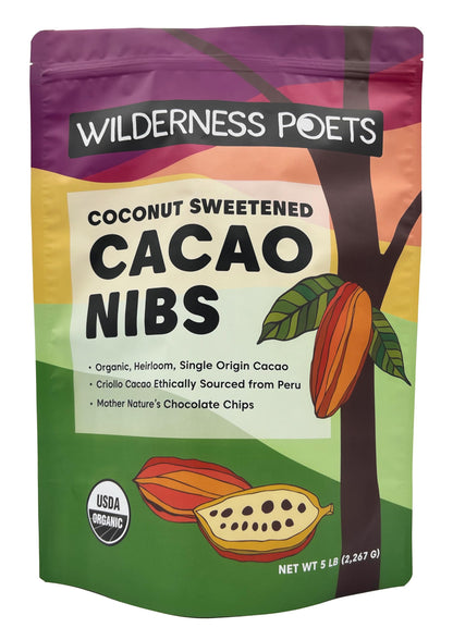 Wilderness Poets Cacao Nibs (Sweetened with Coconut Nectar) - Organic Raw Cacao Nibs - 100% Peruvian Heirloom Cacao (Criollo Var