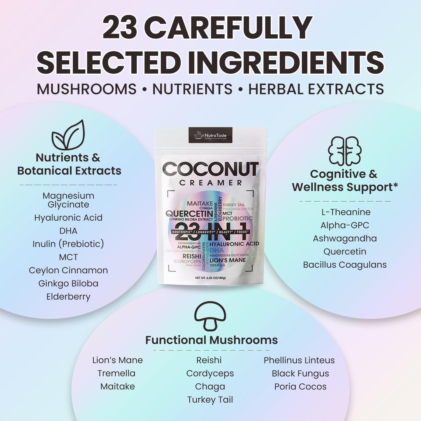23 in 1 Superfood Coffee Creamer  Mushroom Coconut Creamer | Ashwagandha  Magnesium Glycinate  Hyaluronic Acid  MCT & 10 Mushrooms dietary product | Nootropic & Focus Support | Plant-Based  Keto - 6.35oz