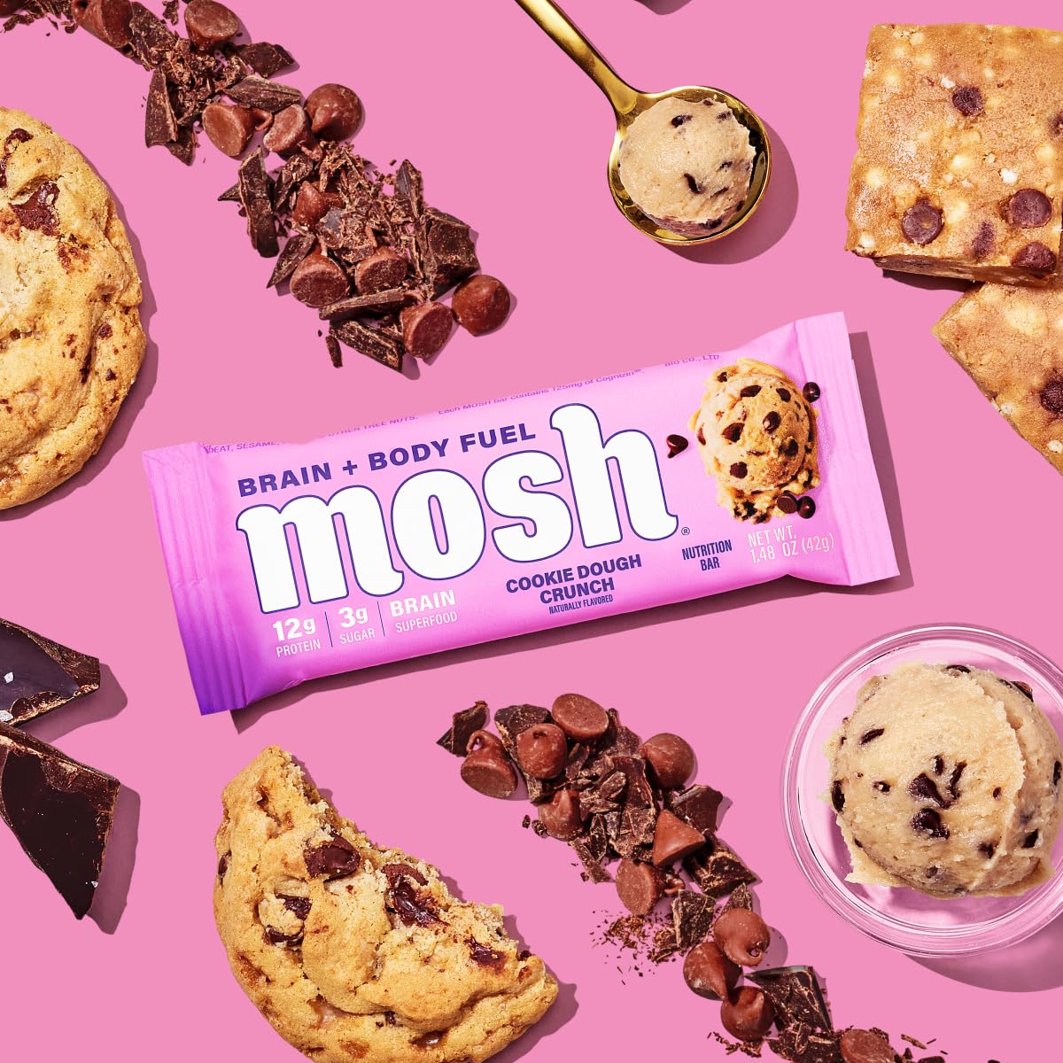 Mosh Cookie Dough Crunch Keto Protein Bars, High Fiber, Low Carb, Gluten Free, High Protein, Brain Healthy Snack, 12 Count