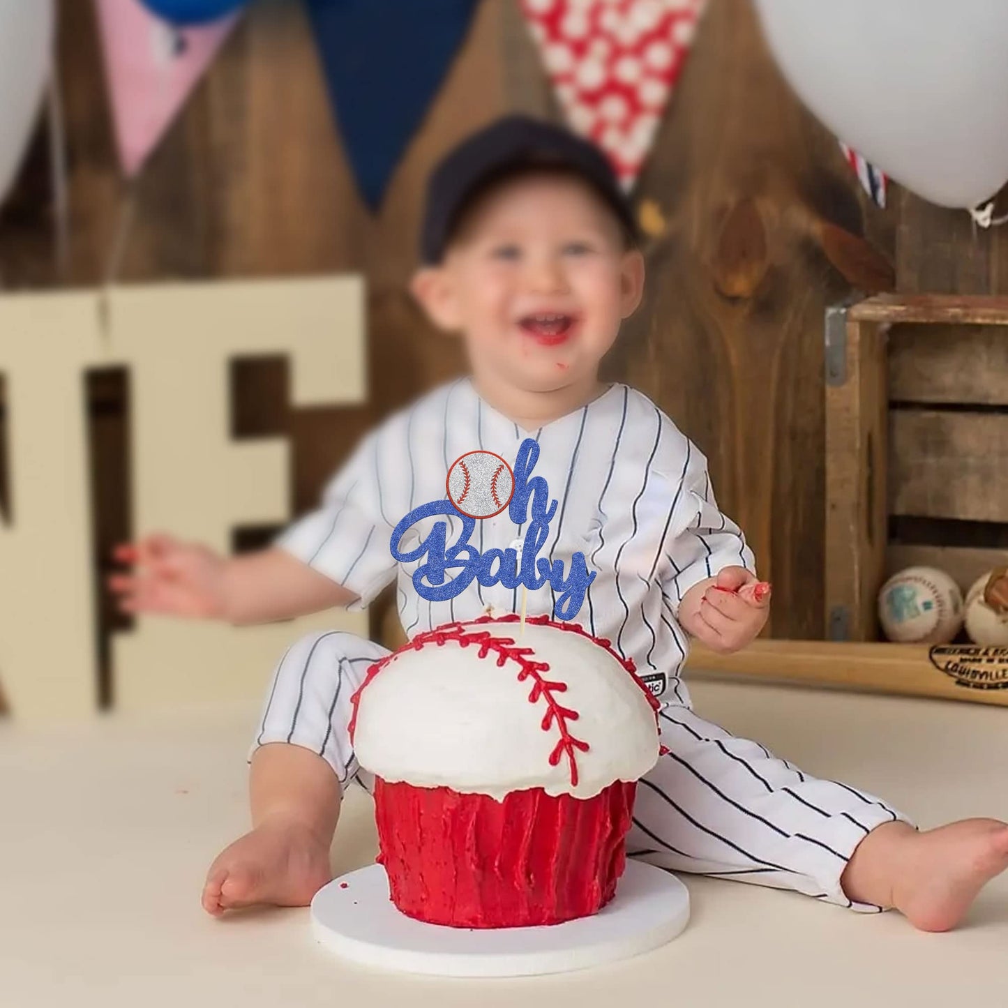 1 Pack Baseball Oh Baby Cupcake Toppers Glitter Sport Baseball Theme Babyshower Oh Baby Cake Decoration For Baseball Theme Babys