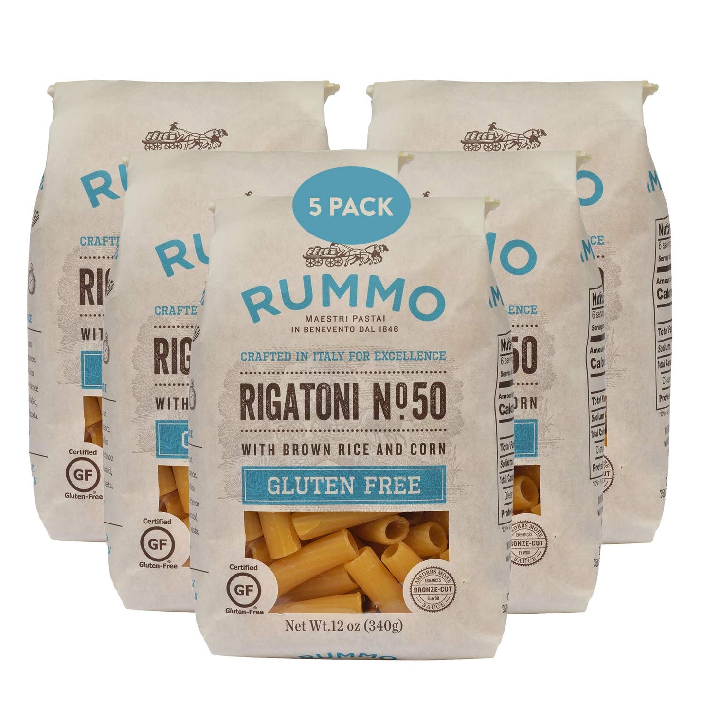 Rummo Gluten Free Rigatoni N.50 - Gluten Free Pasta, Made with Corn & Rice, Rigatoni Pasta Noodles, Pasta from Italy - 12 Ounce 