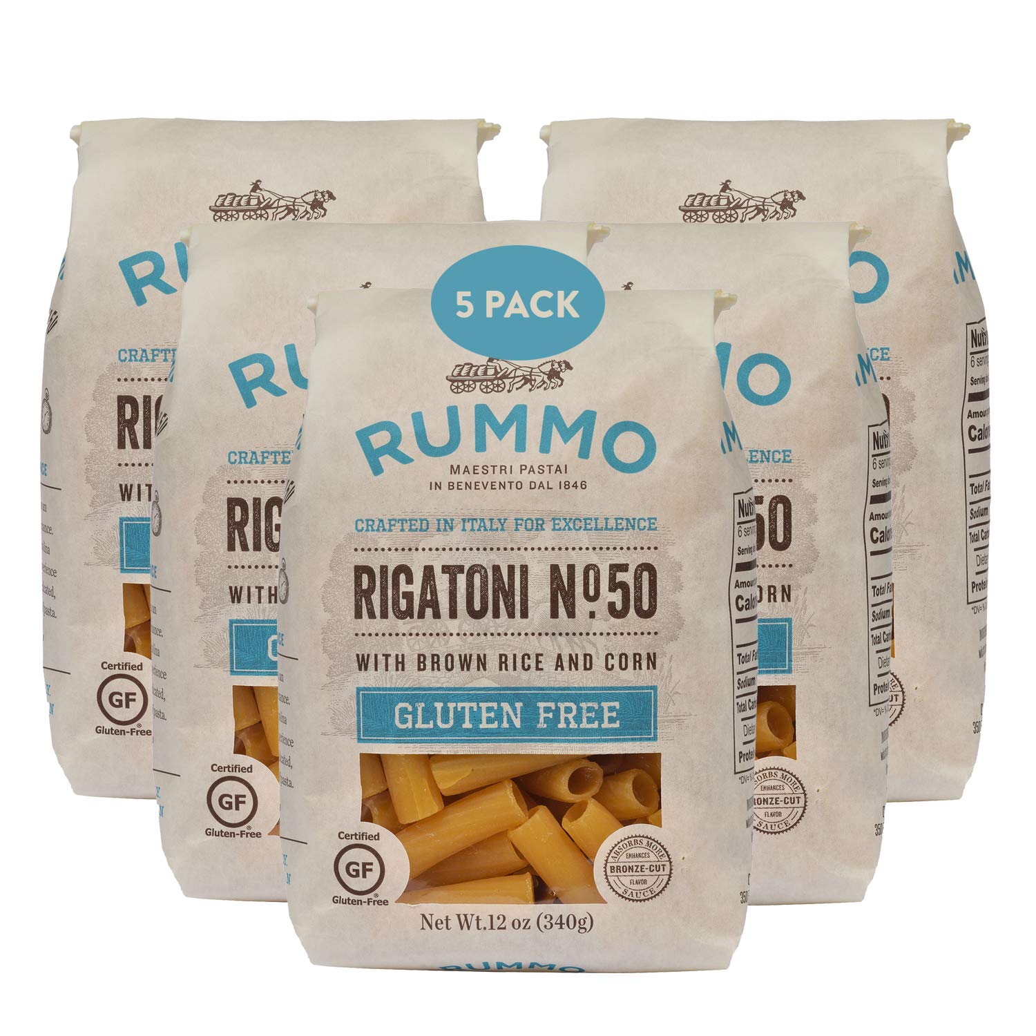 Rummo Gluten Free Rigatoni N.50 - Gluten Free Pasta, Made with Corn & Rice, Rigatoni Pasta Noodles, Pasta from Italy - 12 Ounce 