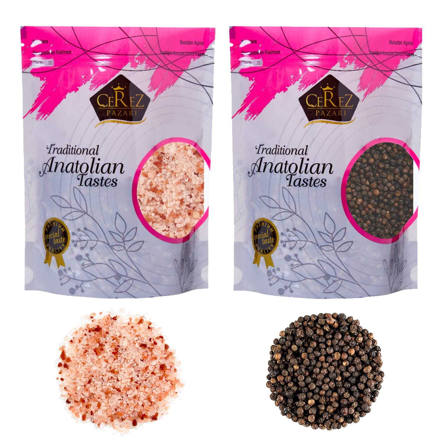 Cerez Pazari Whole Black Peppercorns 12Oz, Himalayan Pink Salt (Coarse Grain) 2 Lbs, Premium Quality, Freshly Packed For Grinder