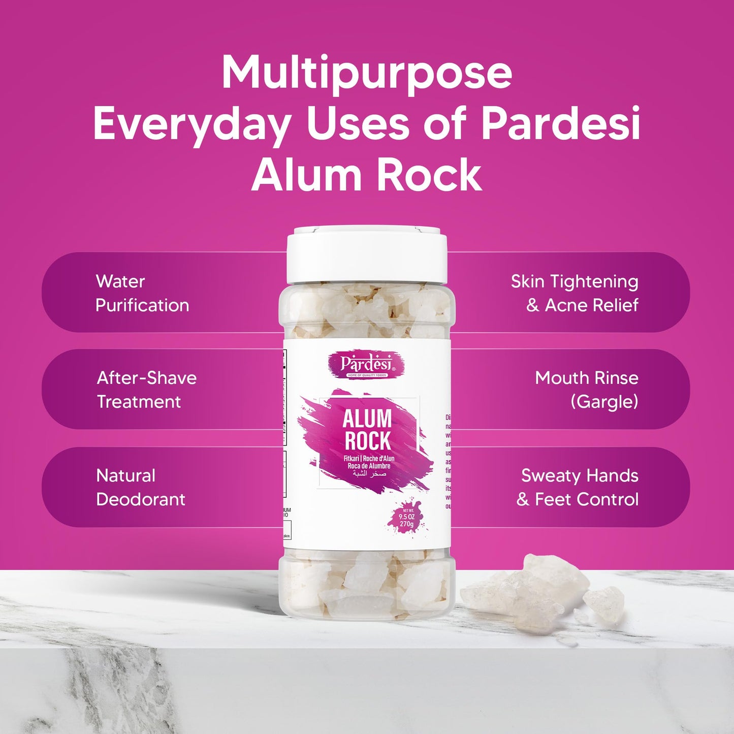PARDESI Natural White Alum Crystal Rock - 270g | Potassium Alum for Cooking, Pickling, Water Clarification, DIY Crafts