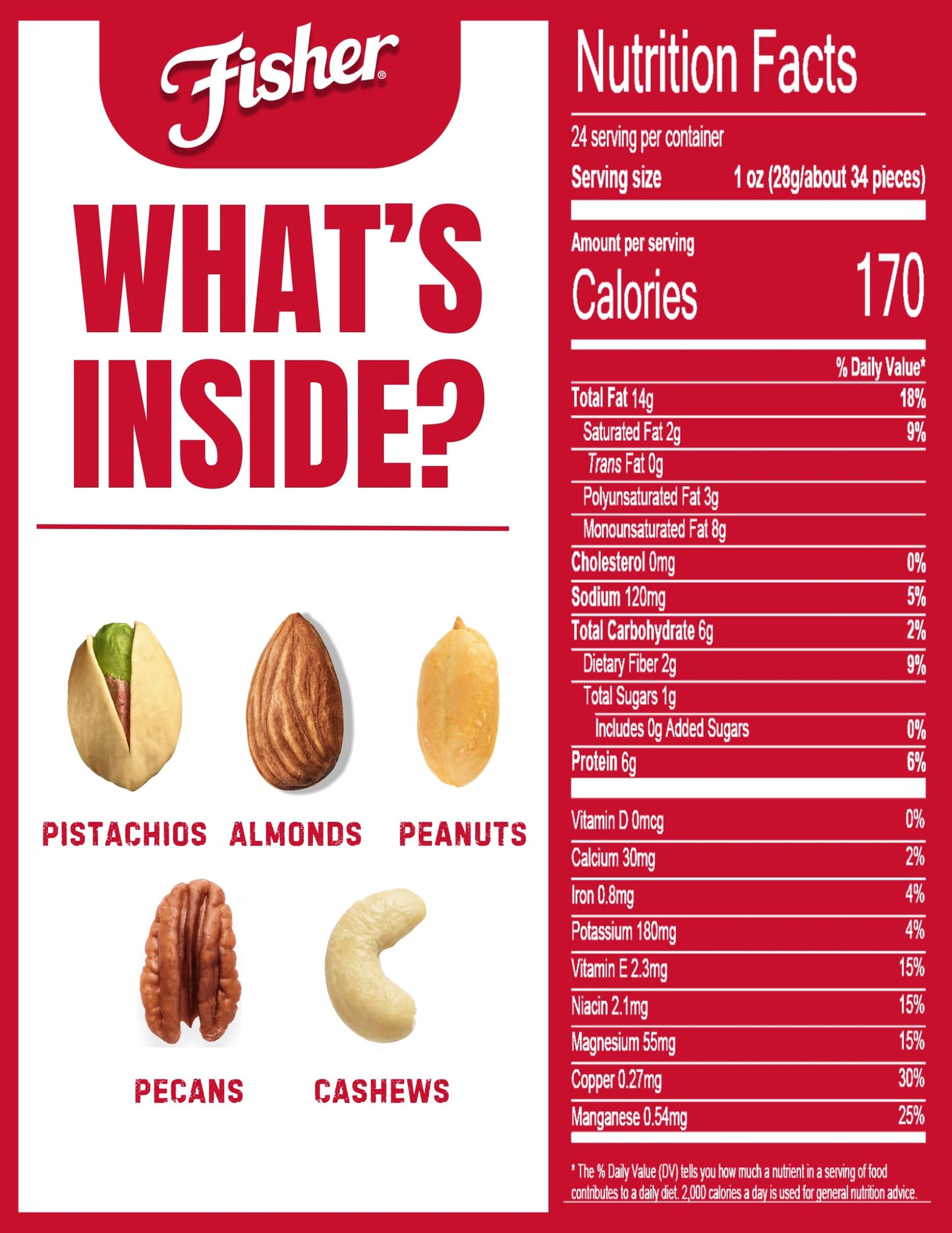 Fisher Mixed Nuts, Oven Roasted, Non-GMO, 24 Ounces, Peanuts, Almonds, Cashews, Pistachios, Pecans, Sea Salt