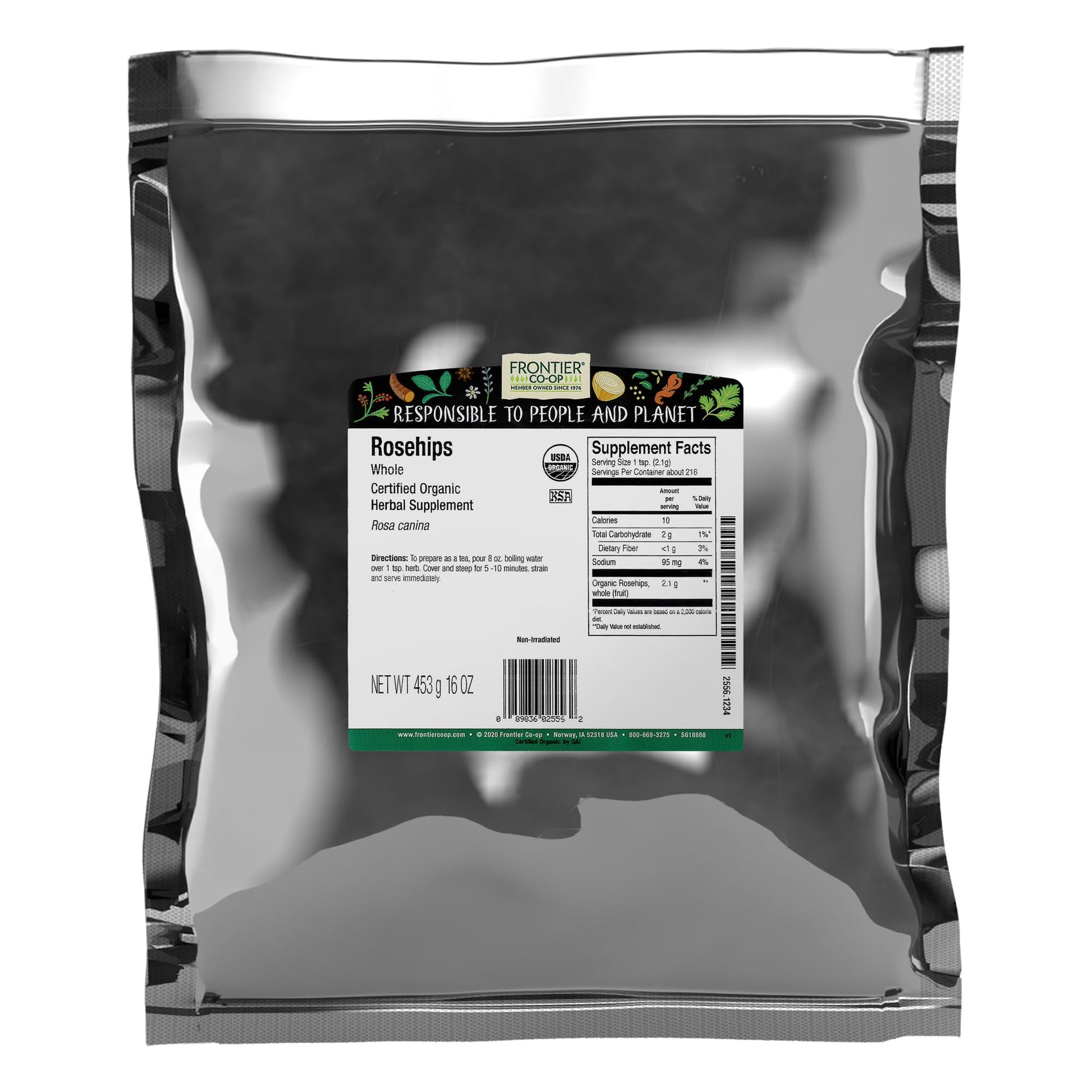 Frontier Co-op Organic Whole Rosehips, Dried Rose Hips, 1 lb, Dark Brown, FRO02556