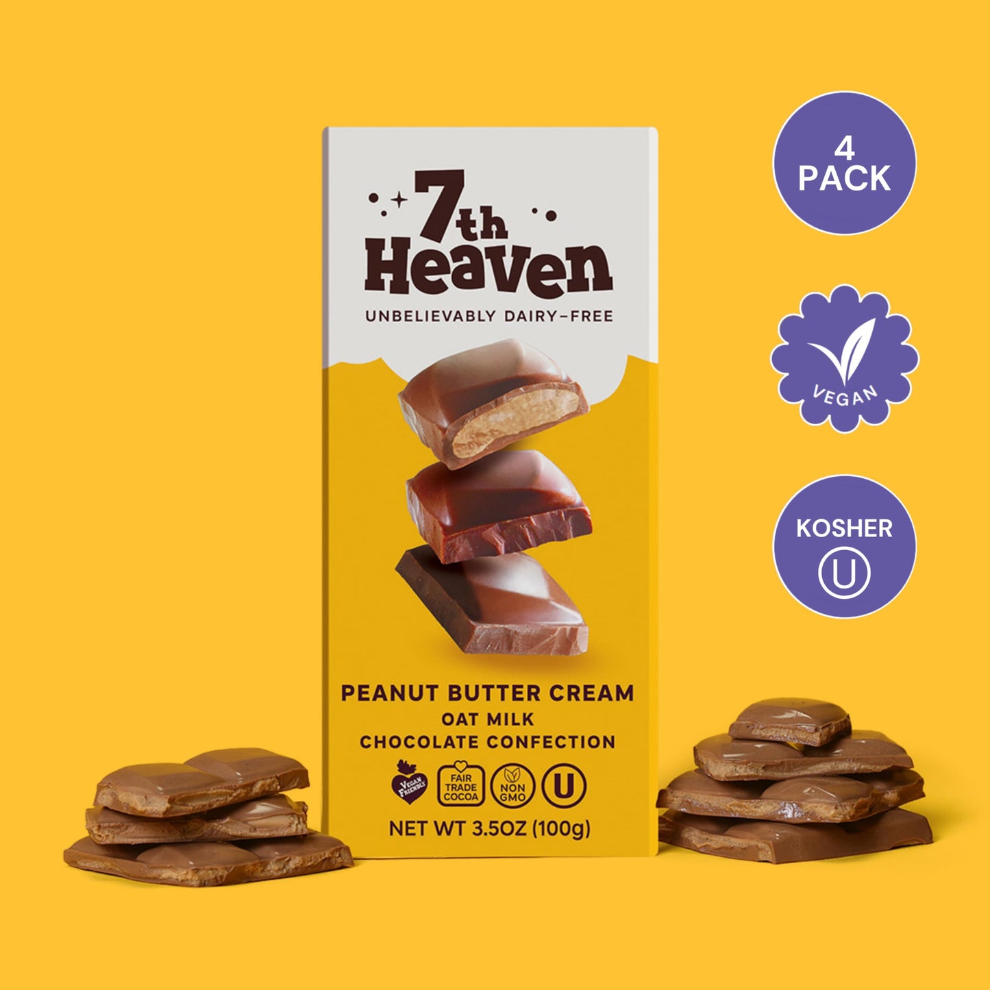 7Th Heaven Vegan Peanut Butter Cream Oat Milk Chocolate Bar, Plant Based Dairy Free Chocolate With Peanut Butter Filling, Fair T