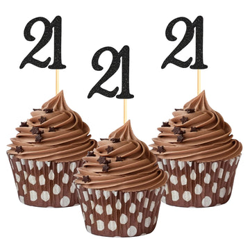 Sumerk 24Pcs 21 Cupcake Toppers Black Glitter 21St Birthday Cupcake Picks Anniversary Party Decorations