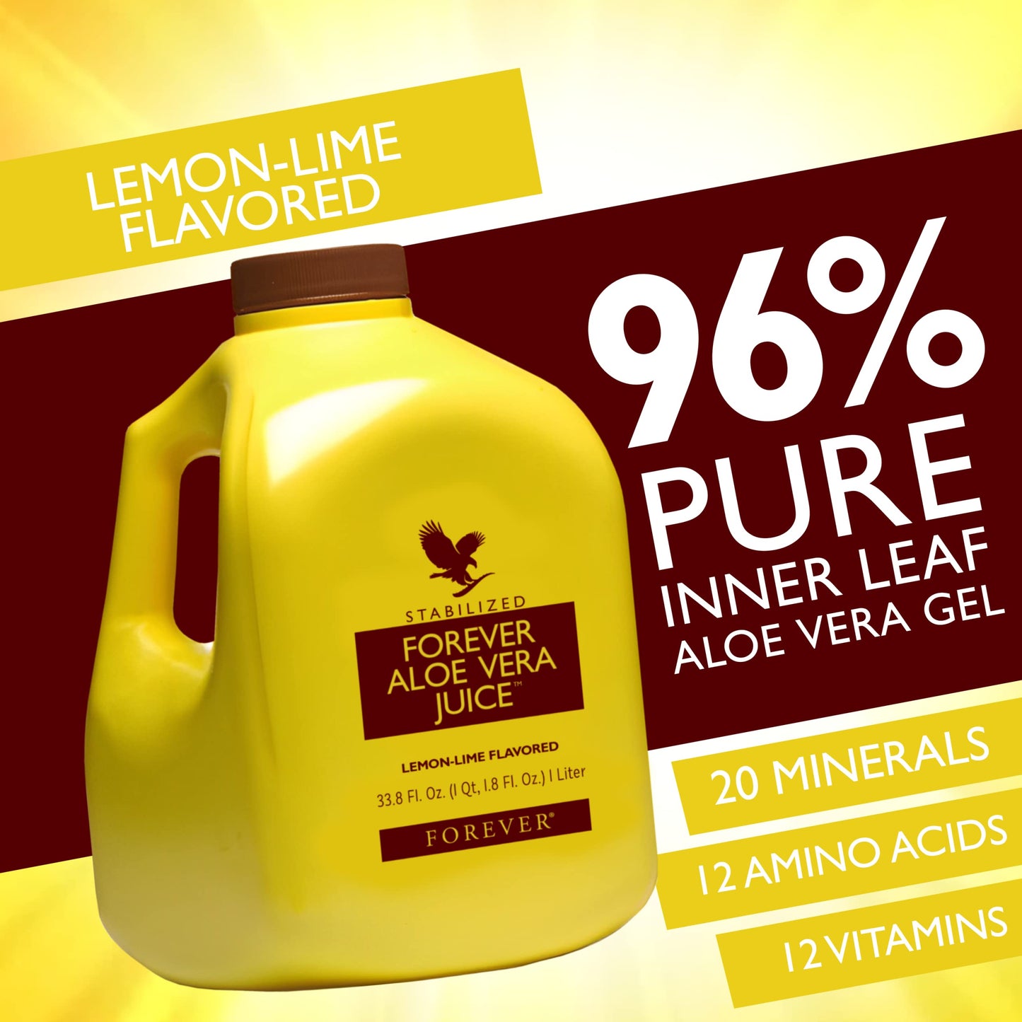 Forever Living - Forever Aloe Vera Juice - Lemon Lime Flavor - Pure Inner Leaf Gel Drink for Digestive Health & Immune Support -