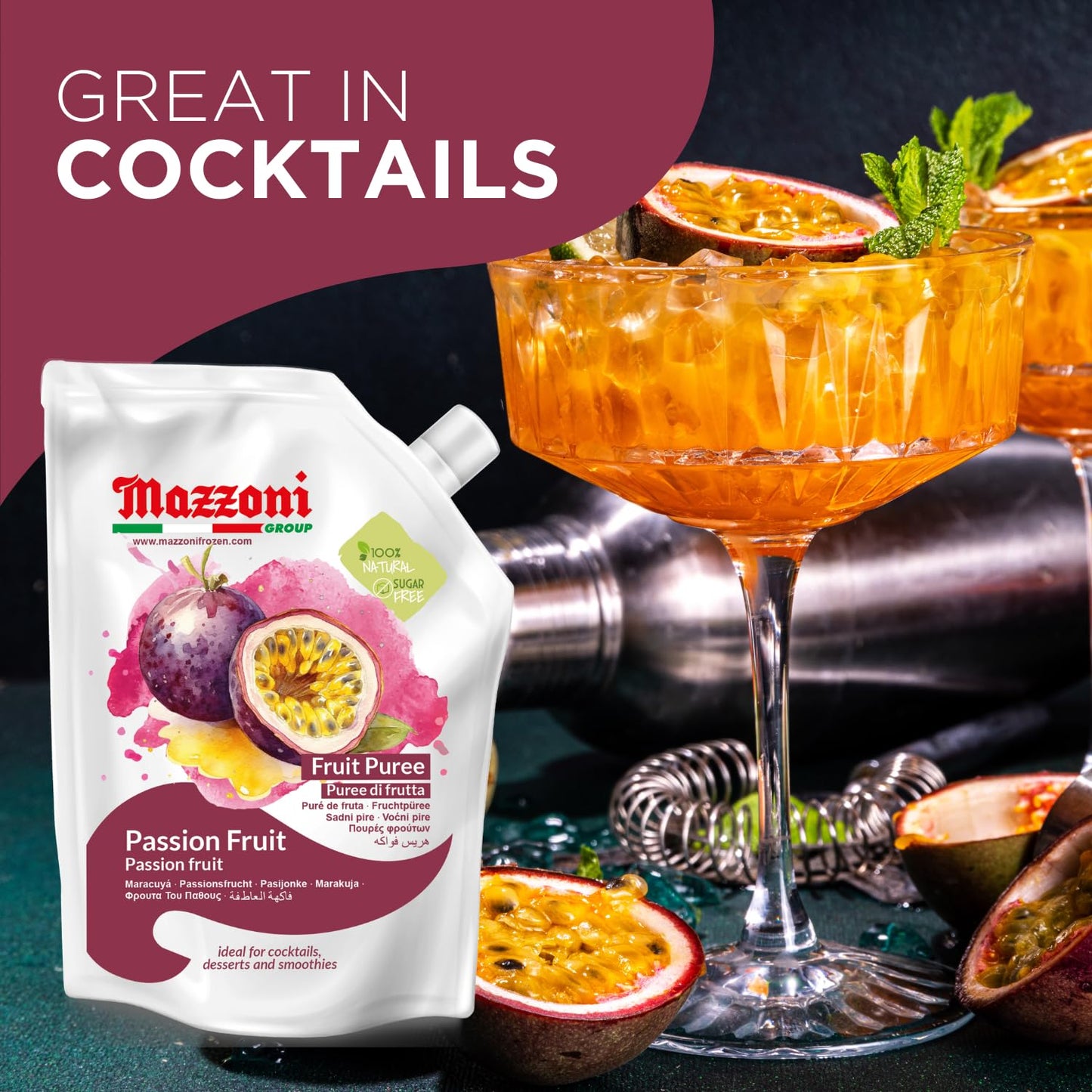 Mazzoni Passion Fruit Puree, 100% Pure Passion Fruit, Maracuya, Just Fruit, No Sugar Added, 2.2 Lbs (35.2 Oz) Real Fruit For Smo