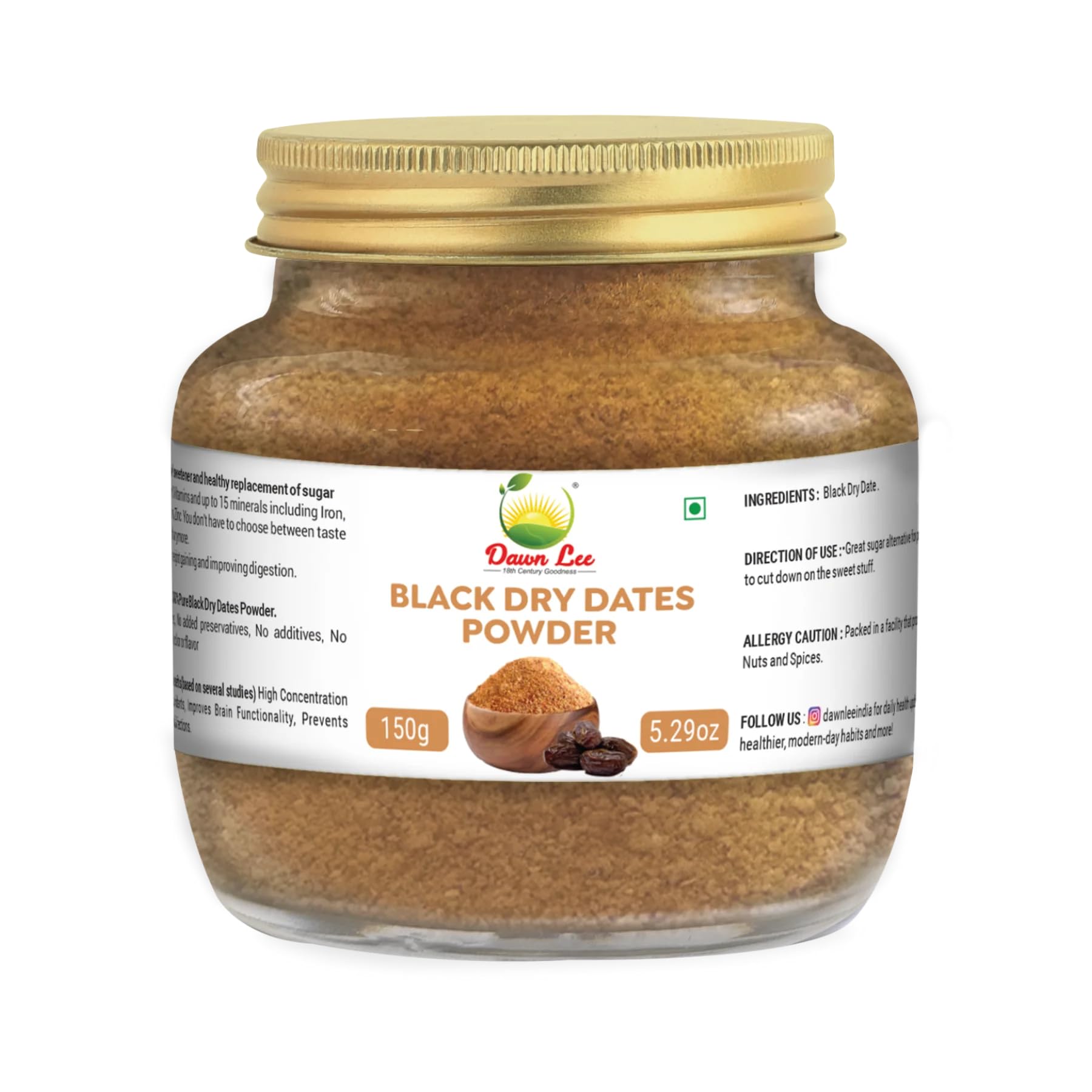 Dawn Lee Black Dry Dates Powder 150 Gms/5.29 Oz | Mejdool Khajur Powder Buy Online Natural Sweetener | Mejdool Khajoor Kharek Po