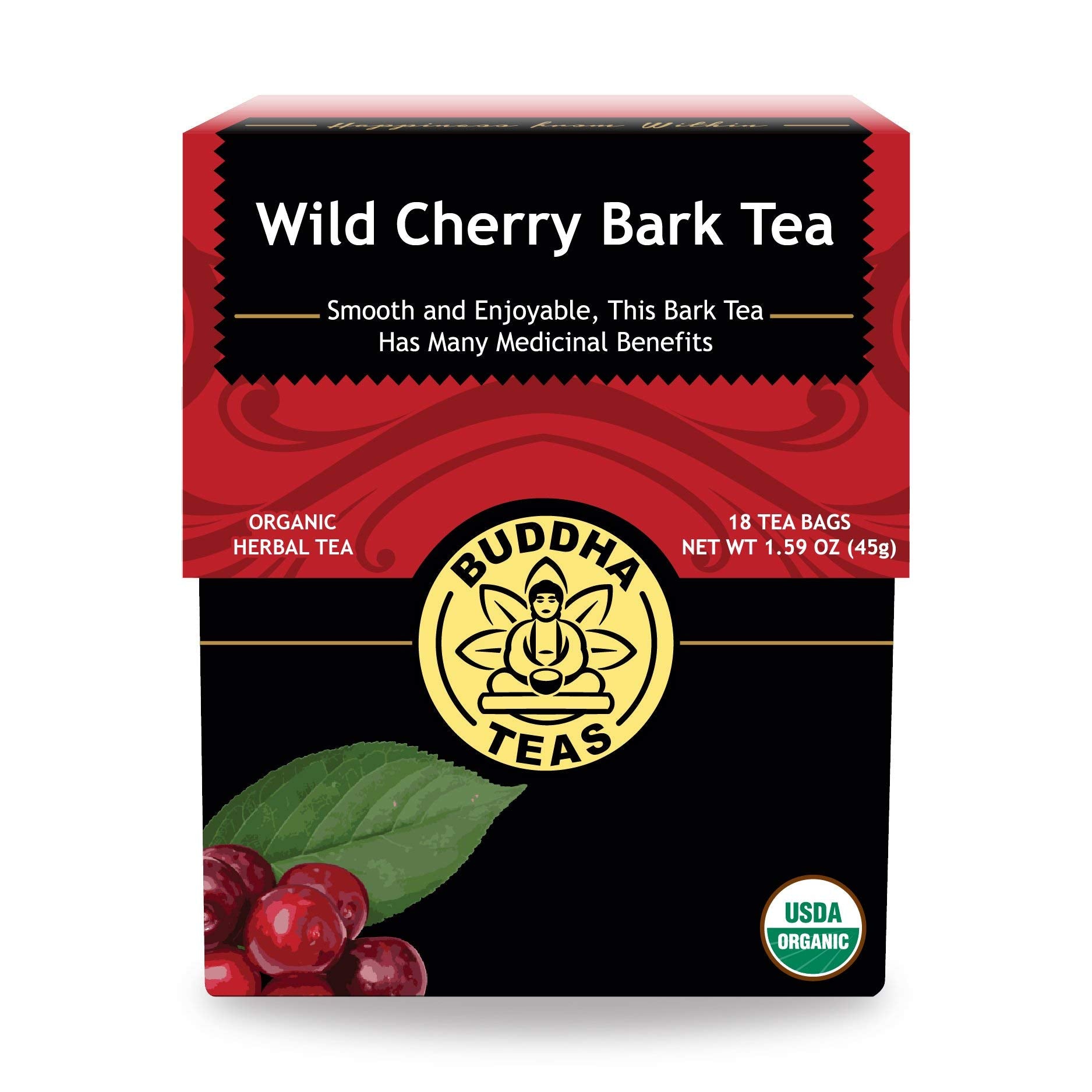 Buddha Teas Organic Wild Cherry Bark Tea - OU Kosher, USDA Organic, CCOF, 18 Bleach-Free Tea Bags