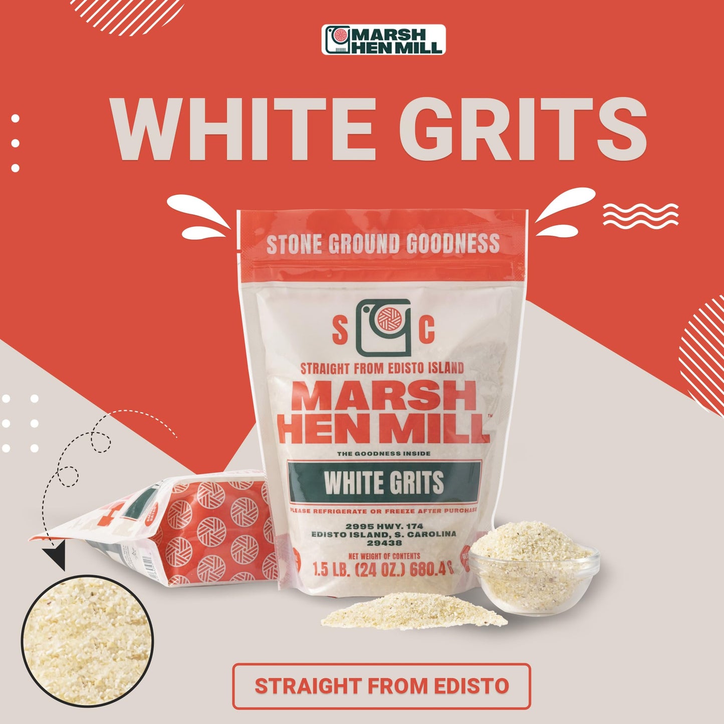 Marsh Hen Mill White Grits - Stone Ground, Gluten-Free, Instant, 24 oz (Pack of 1)