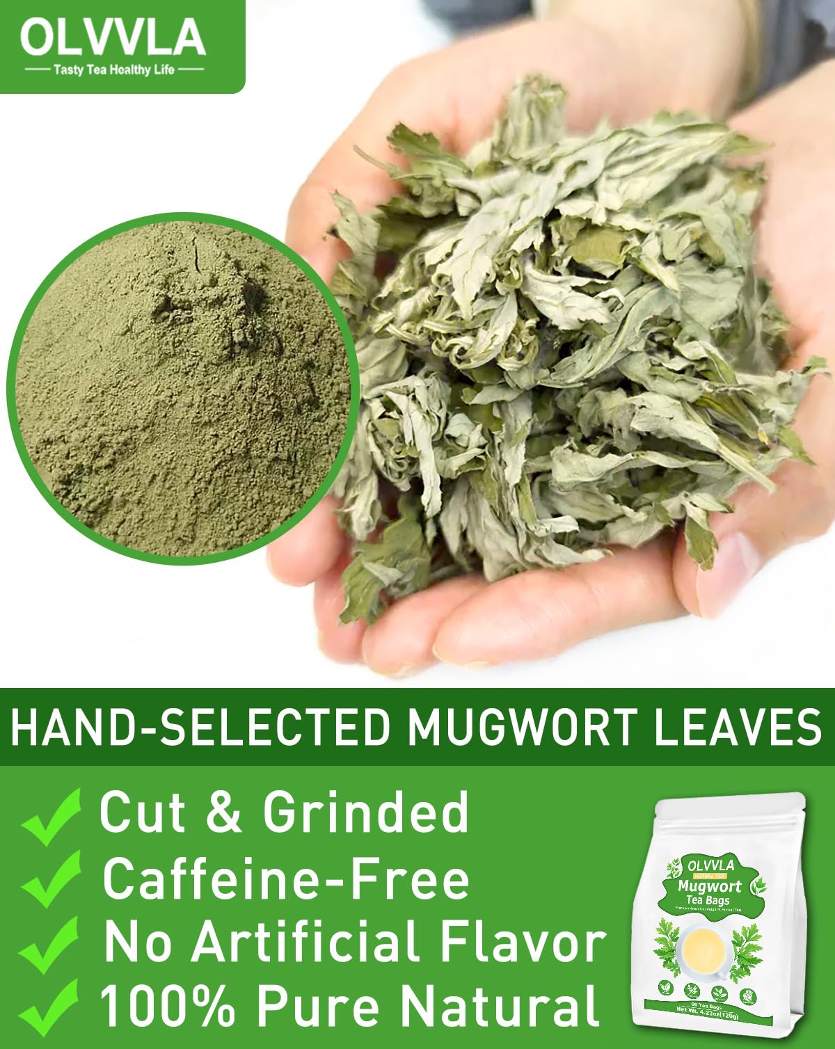Olvvla Premium Mugwort Tea Bags - 100% Pure, Caffeine-Free, Antioxidant-Rich - 60 Count Pack
