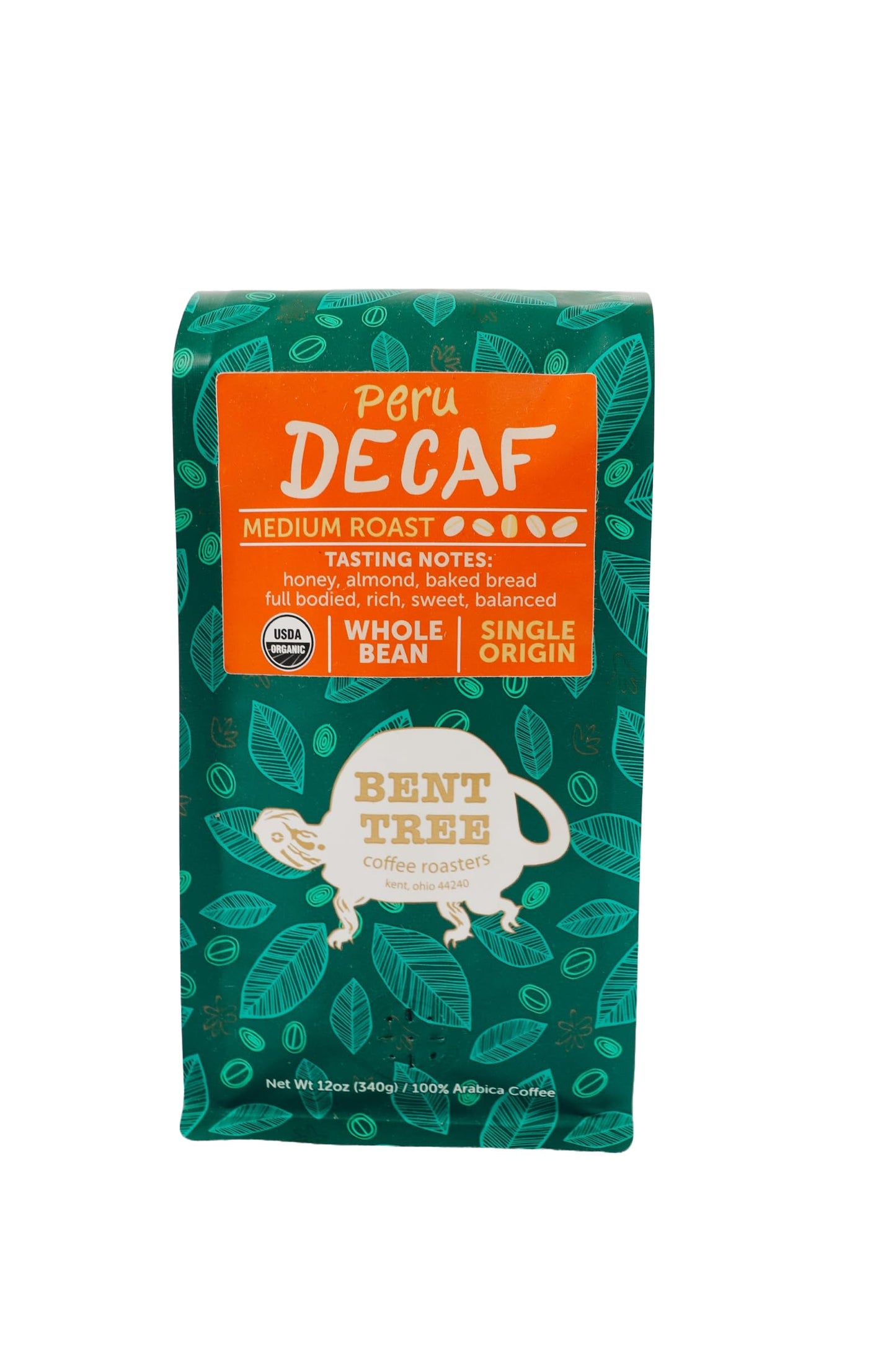 Bent Tree Coffee Roasters Organic Coffee, Whole Bean, Medium Roast, 12oz, Peru Decaf, USDA Organic, Full Bodied, Sweet and Balanced