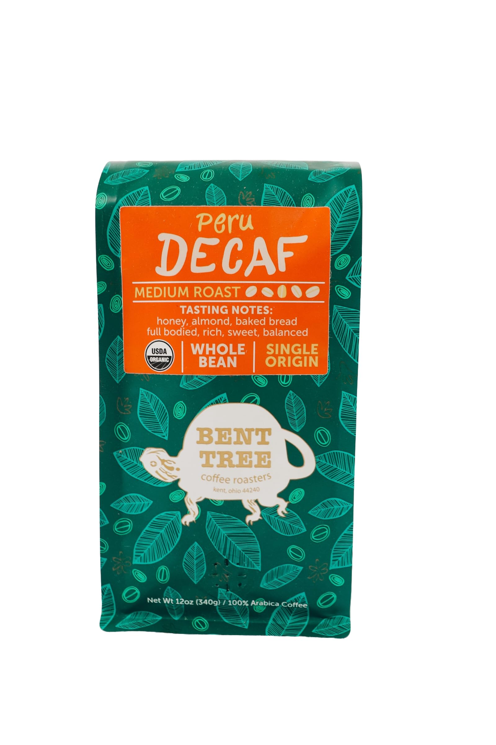 Bent Tree Coffee Roasters Organic Coffee, Whole Bean, Medium Roast, 12oz, Peru Decaf, USDA Organic, Full Bodied, Sweet and Balanced
