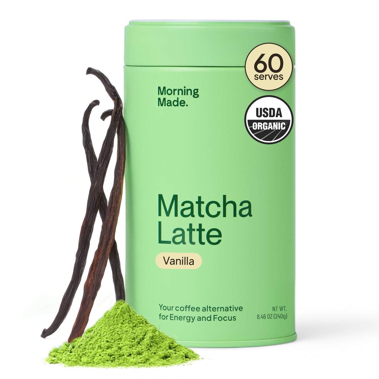 Morning Made Vanilla Flavored Ceremonial Grade Matcha Powder | 8.46oz (240g) Resealable Tin | 60 Servings enhanced Japanese Green Tea | Sweetened with Organic Sugar | Rich in Antioxidants & Energy Boosting