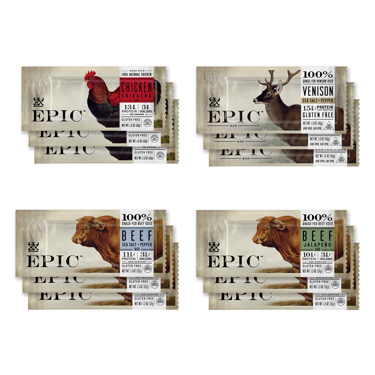 Epic EPIC Bars Variety Pack - Chicken, Beef, Venison, Keto-Friendly, 12 Bars, 16.8 Ounce