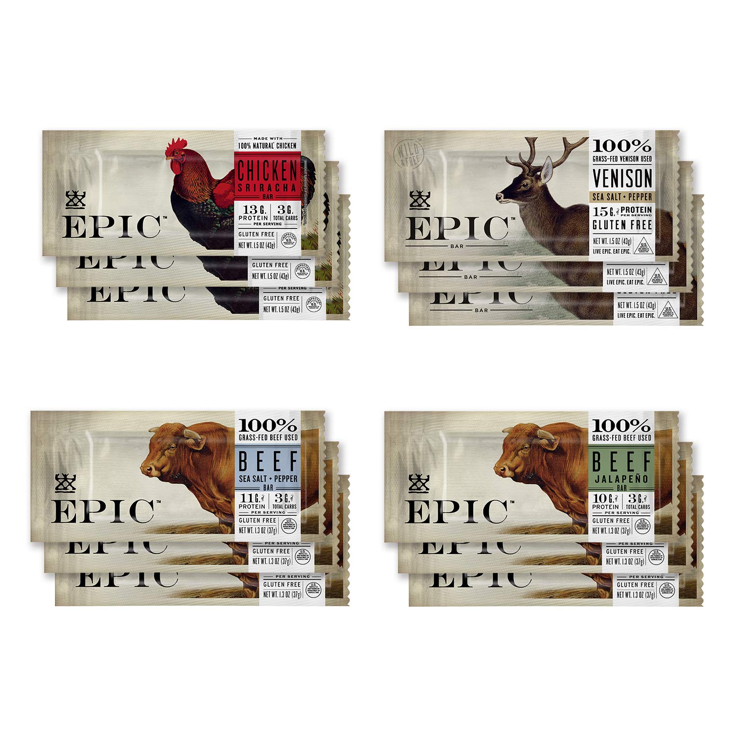 Epic EPIC Bars Variety Pack - Chicken, Beef, Venison, Keto-Friendly, 12 Bars, 16.8 Ounce