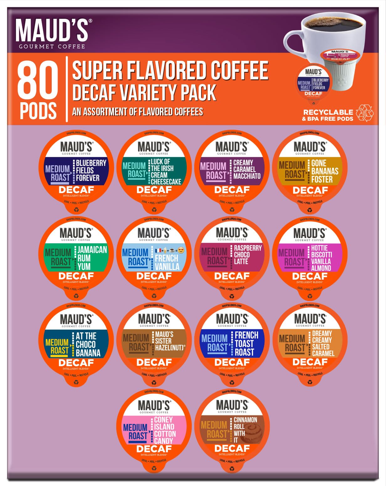 Mauds Flavored Decaf Coffee Pods Variety Pack  80ct | 14 Assorted Blends | 100% Arabica Flavored Coffee | Solar Energy Produced Recyclable Single Serve Coffee Pods Compatible with Keurig K-Cup malt-inspired