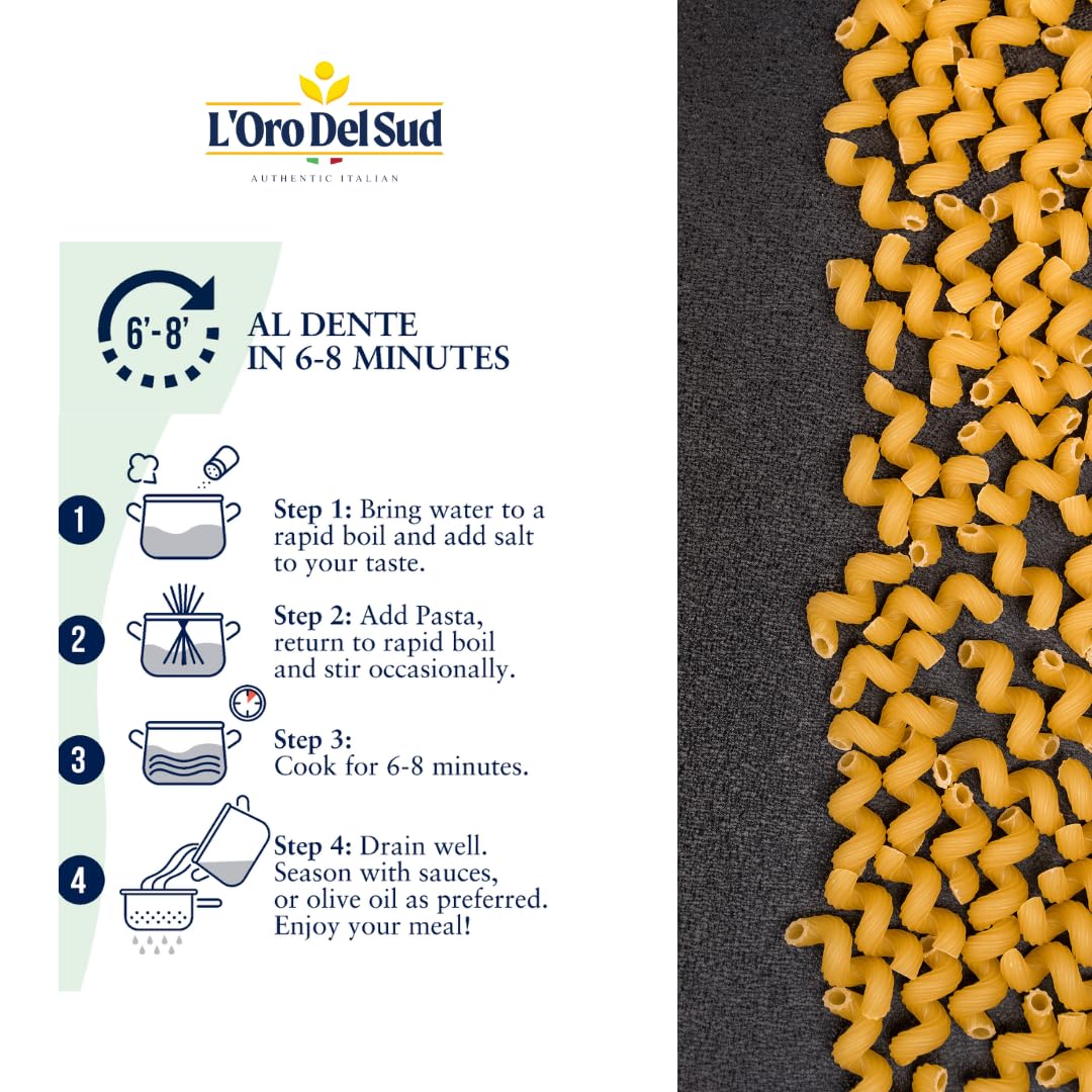 L'Oro Del Sud Organic Cavatappi Pasta, 100% Durum Wheat, Italian Pasta, Premium Quality Product Of Italy, Non Gmo, Corkskrew, Ve