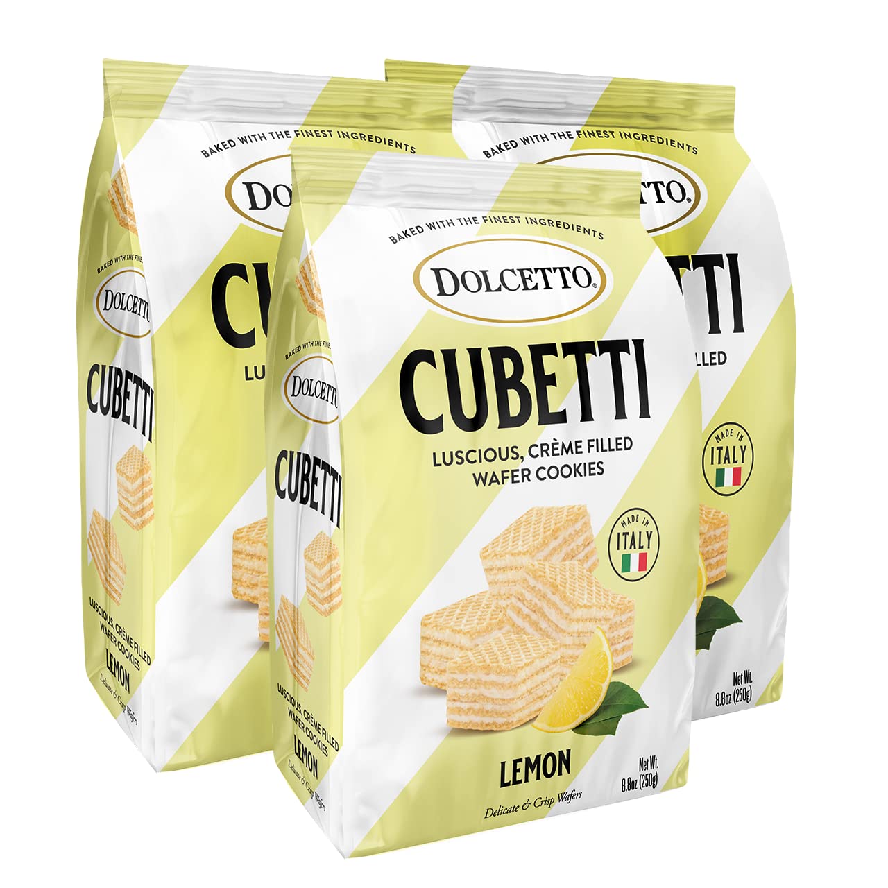 Dolcetto Cubetti Wafer Cookies, Lemon Flavor, 8.8 Ounce (Pack of 3), Cream Filled Bite Sized Crispy Wafer Cookies, Made in Italy