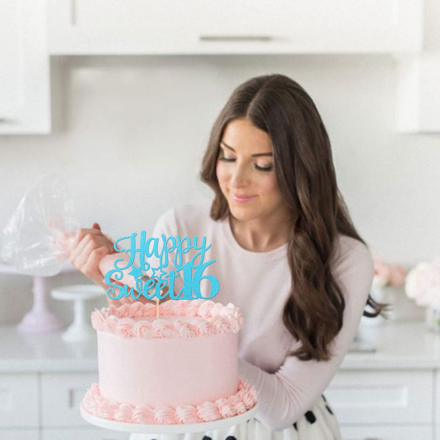 YCTHUNFISH Happy Sweet 16 Cake Topper, Glitter 16th Birthday Decoration, Light Blue, Bamboo Material