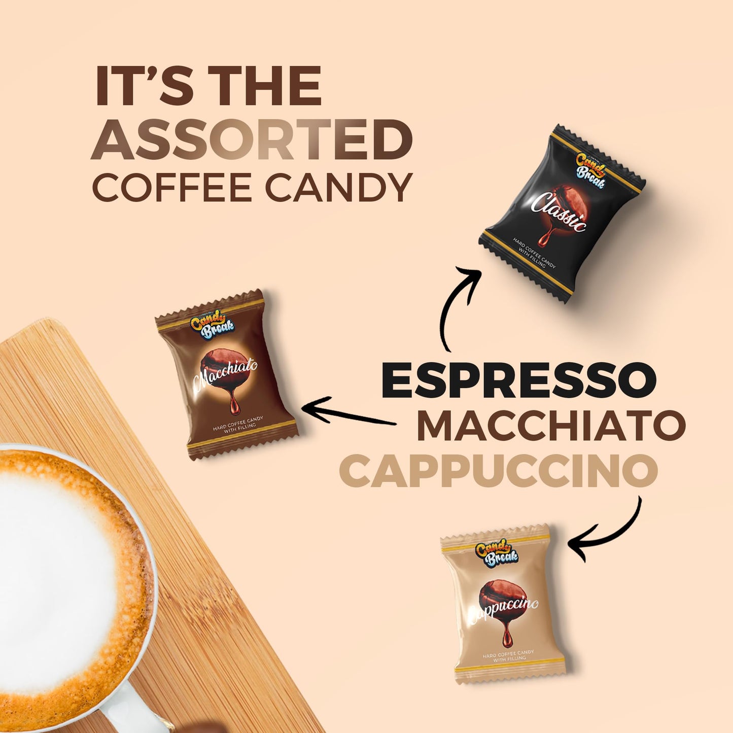 CANDY BREAK Coffee Drops - Center Filled Hard Candy, Macchiato, Espresso, Cappuccino Flavors, 2.2 Pound Bulk Bag