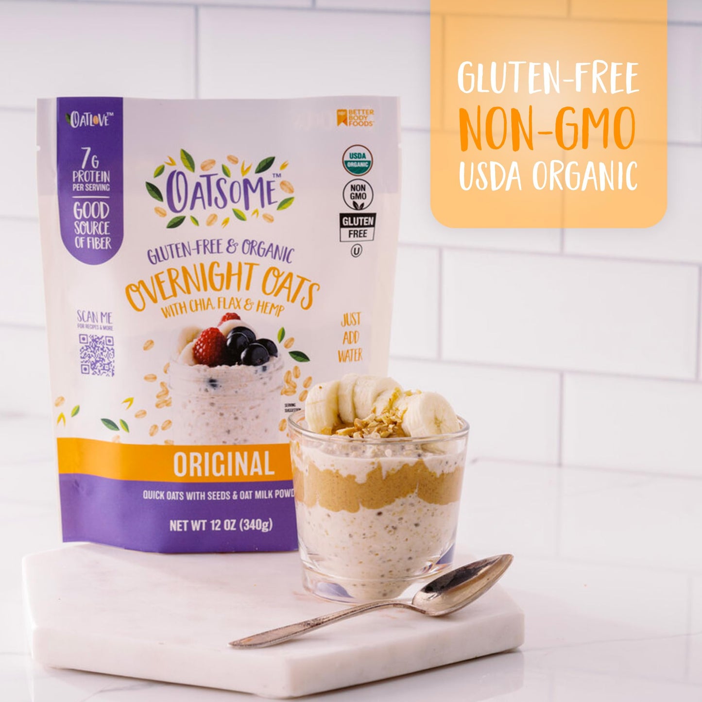 Oatsome Organic Overnight Oats with Chia, Flax, & Hemp, Gluten-Free Oatmeal with 7g of Protein, 12oz Bag
