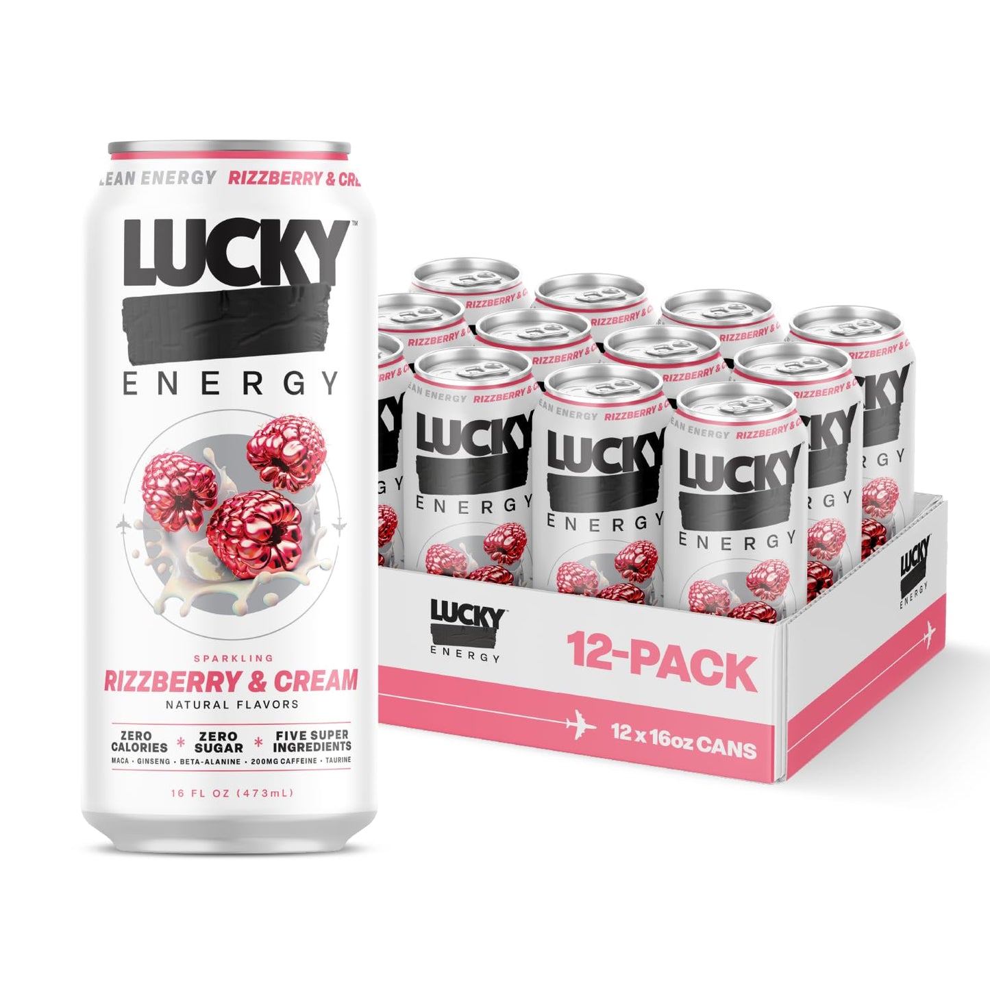 Lucky Energy Sugar Free Energy Drink, 16oz Cans, 12-Pack, Rizzberry and Cream, Zero Sugar, 200mg Caffeine