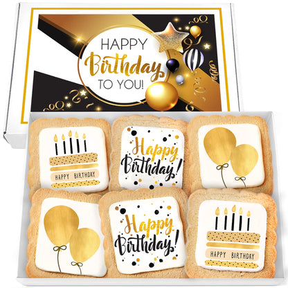 Happy Birthday Cookies 6 PACK Gift Basket Gold for Men Women Kids | Gourmet Decorated Sugar Cookie Gift Box | Individually Wrapp