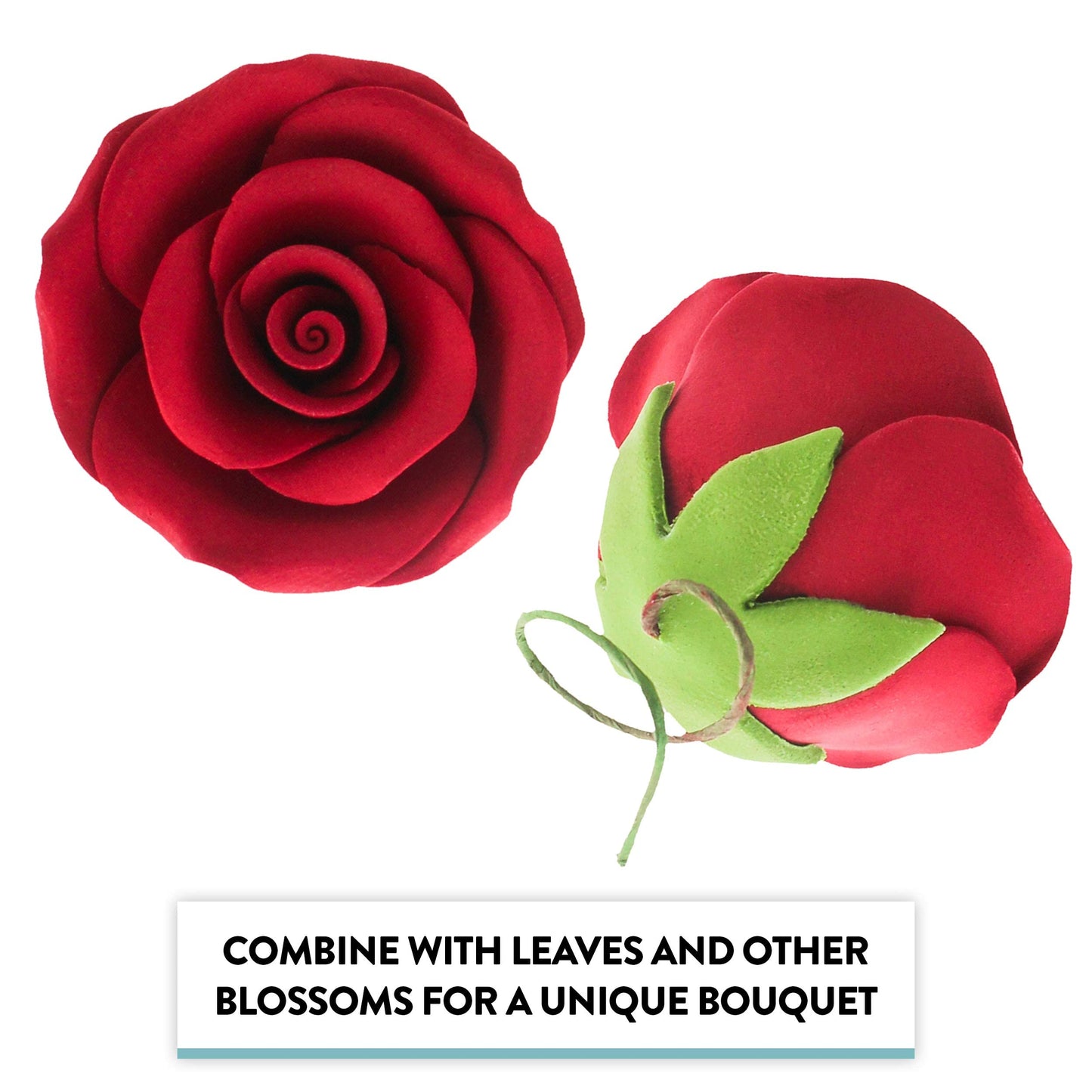 Global Sugar Art Tea Rose Sugar Cake Flowers, Red With Green Calyx, Medium, Wired 1.75 Inch, 12 Count By Chef Alan Tetreault