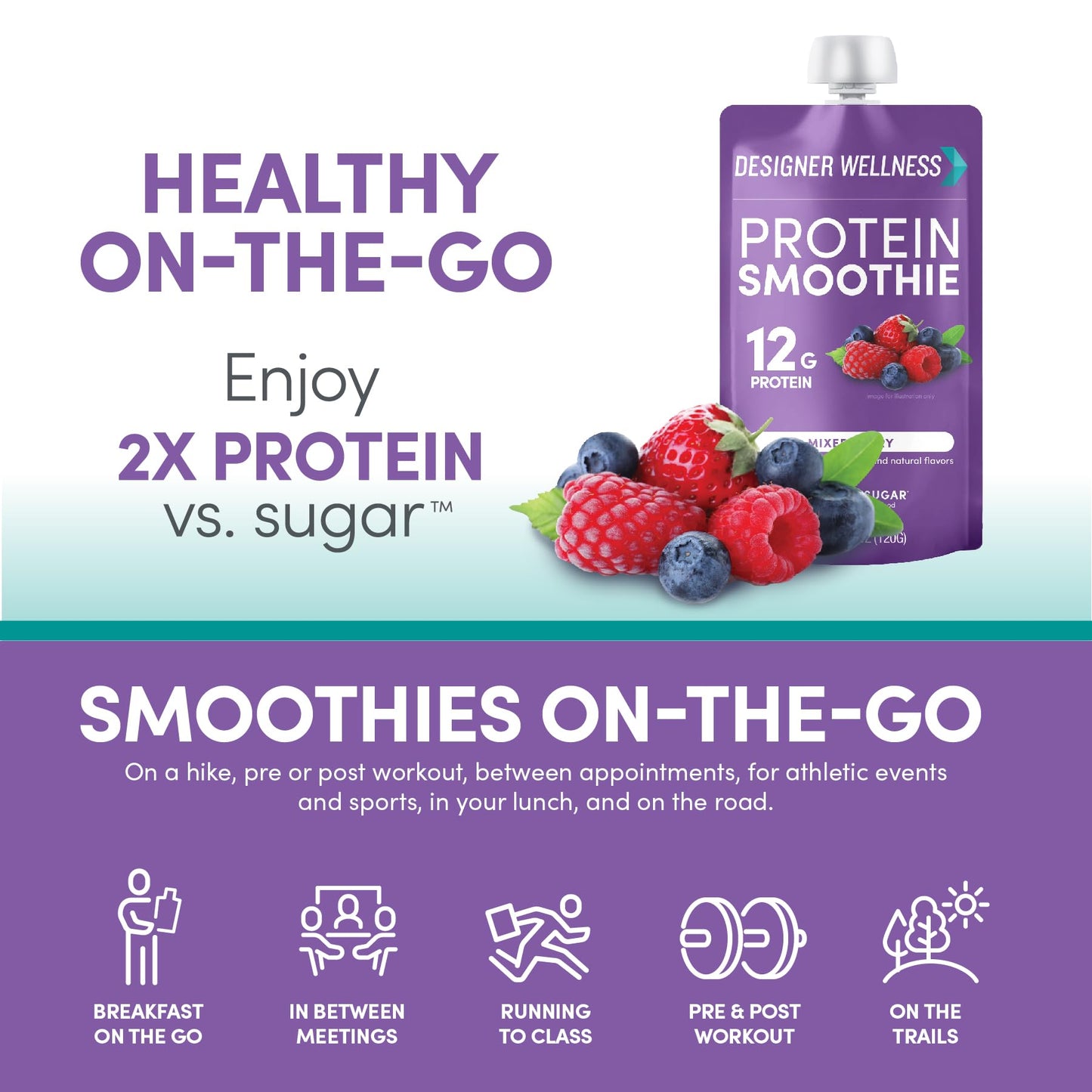 Designer Wellness Protein Smoothie, Mixed Berry, 12g Protein, Low Carb, Gluten-Free, Non-GMO, 4.2 Fl Oz, Pack of 24