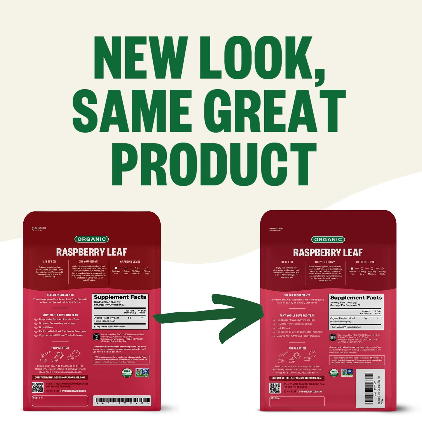 FGO Organic Red Raspberry Herbal Tea, Caffeine Free, 4oz Resealable Bag, Model FGO-RRLF-WHL-400-CA