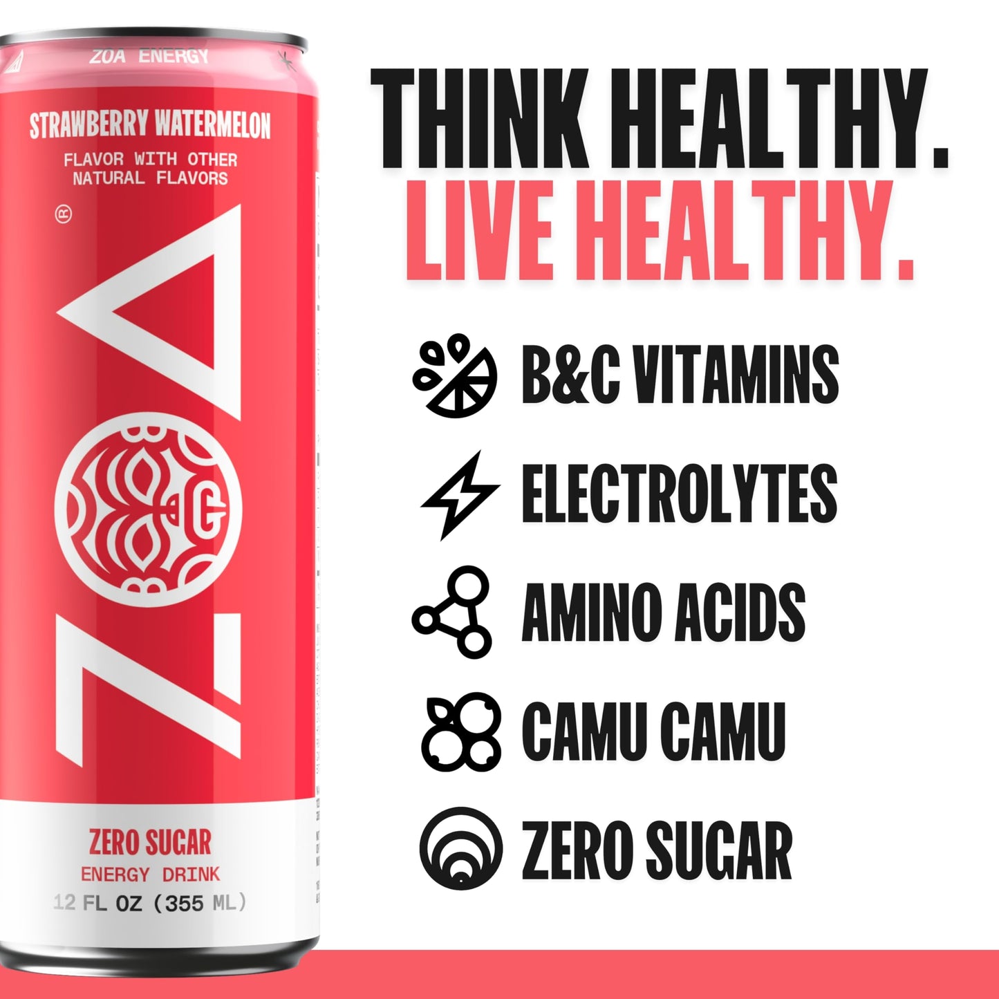 ZOA Zero Sugar Energy Drink - Strawberry Watermelon, 160mg Natural Caffeine, 12 Ounce (Pack of 12)