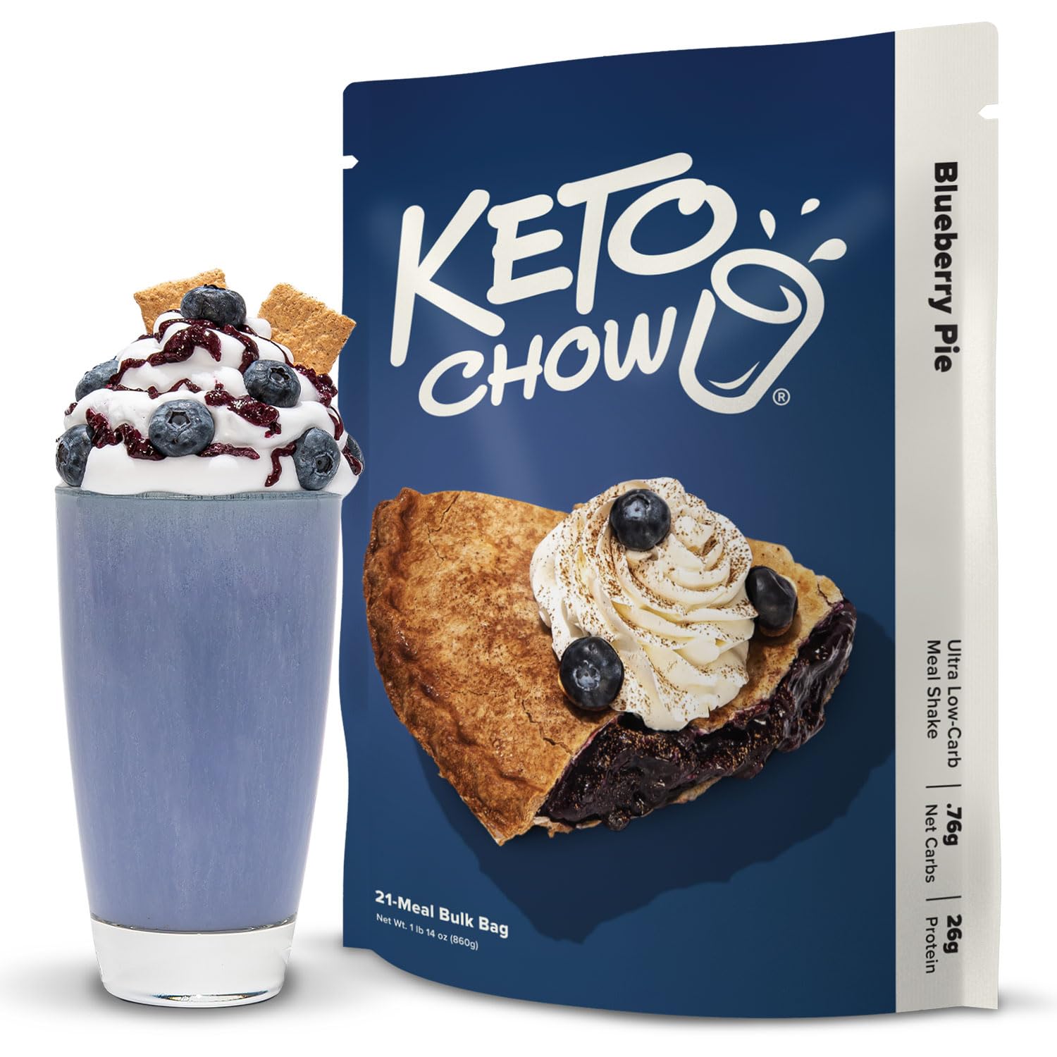 Keto Chow Meal Replacement Shake - Blueberry Pie Flavor - Low Carb - 30 Ounce (Pack of 1) - Protein Rich