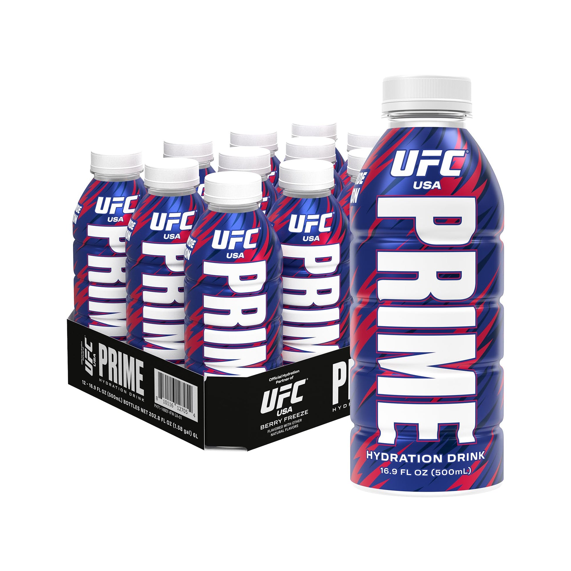 PRIME Hydration UFC  Sports Drinks  Electrolyte Enhanced for Replenishing Fluids  250mg BCAAs  B Vitamins  Antioxidants  Low Sugar  16.9 Fl Oz  12 Pack