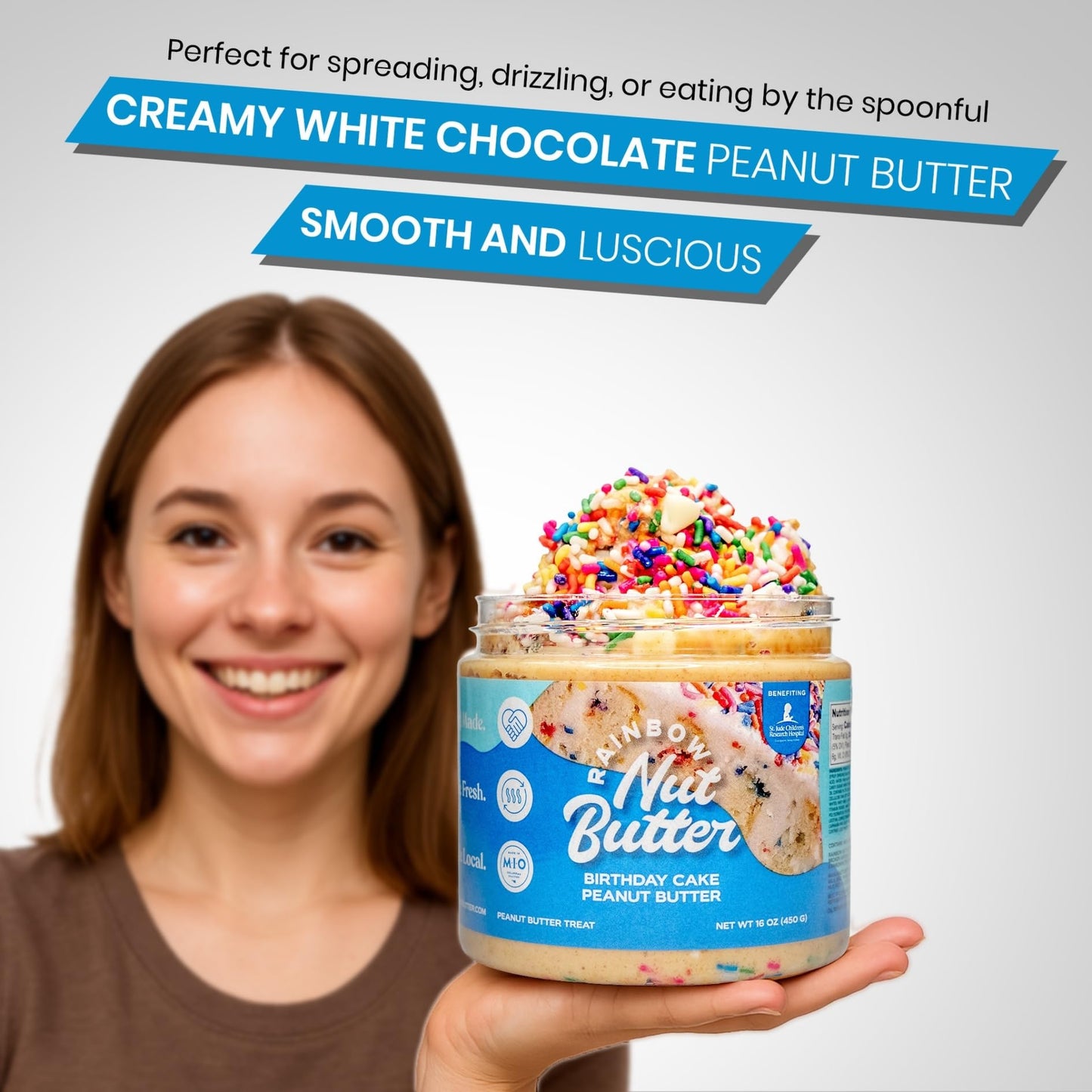 Rainbow Nut Butter, Birthday Cake Peanut Butter Spread, Treat, Snack, Vanilla Sprinkles Frosting, White Chocolate, High Protein