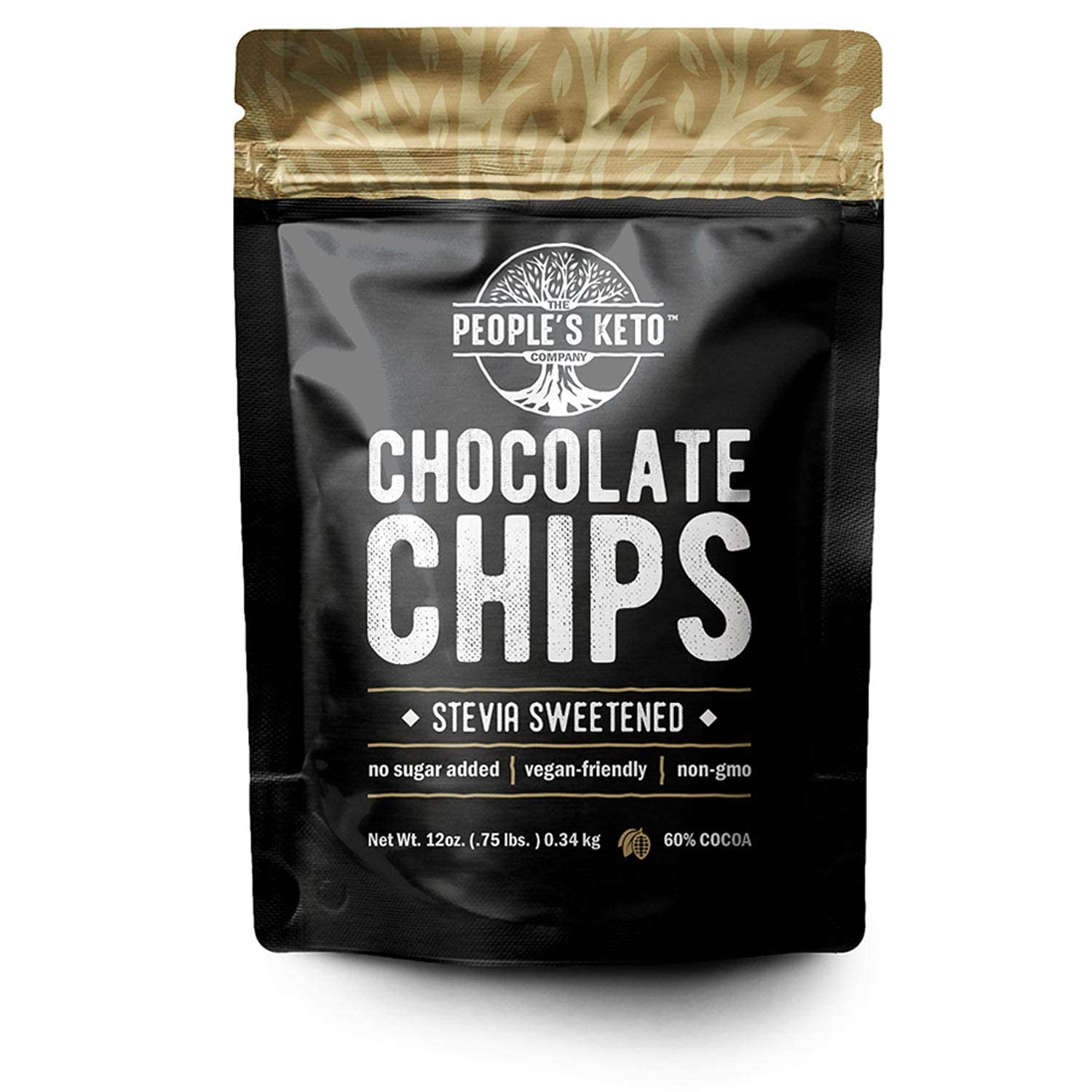 Sugar Free Large Chocolate Chips, Stevia Sweetened, 12 Oz. Value Size, Non-Gmo, Vegan, Keto, Low Carb, 60% Cocoa, All Natural, B