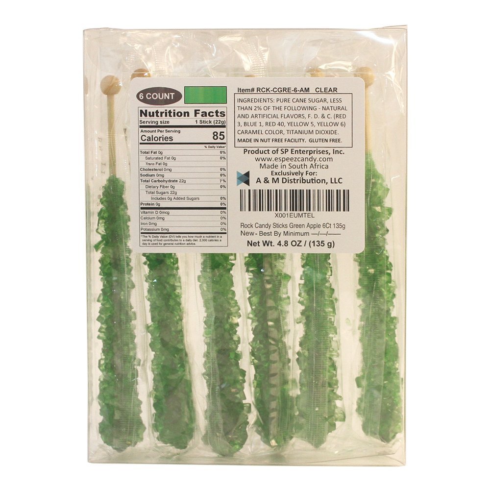 Espeez Extra Large Rock Candy Sticks, Green Apple, 6 Count, Individually Wrapped for Party Favors