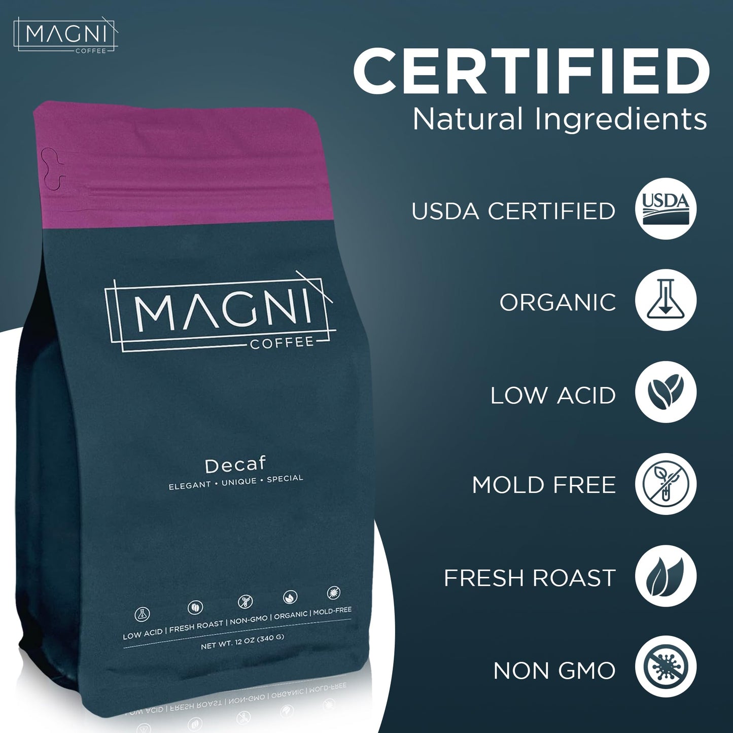 Magni Coffee - Ground - Decaf - Low Acid - Single Origin Usda Organic Non-Gmo Beans Third Party Tested For Mycotoxins & Pesticid