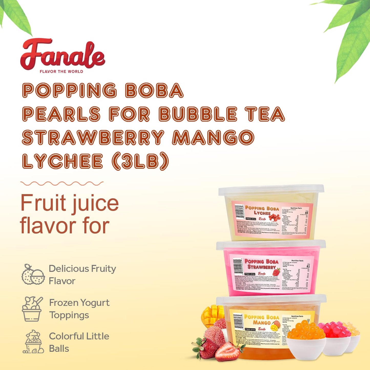 Fanale Popping Boba Pearls For Bubble Tea - 3 Lb (1 Lb X 3) | Strawberry Mango Lychee | Bursting Boba Pearls Bubble 450G X 3 | F