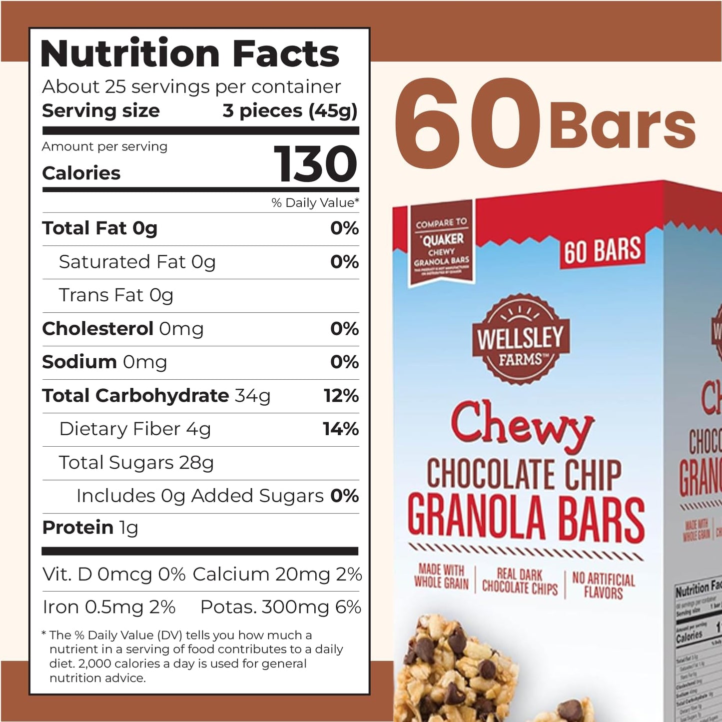 Wellsley Farms Chewy Chocolate Chip Granola Bars - No High-Fructose Corn Syrup - Vegetarian - Whole Grain Granola Bars - 110 Cal