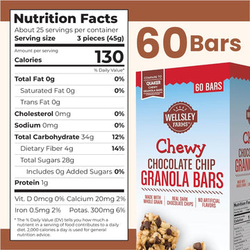 Wellsley Farms Chewy Chocolate Chip Granola Bars - No High-Fructose Corn Syrup - Vegetarian - Whole Grain Granola Bars - 110 Cal