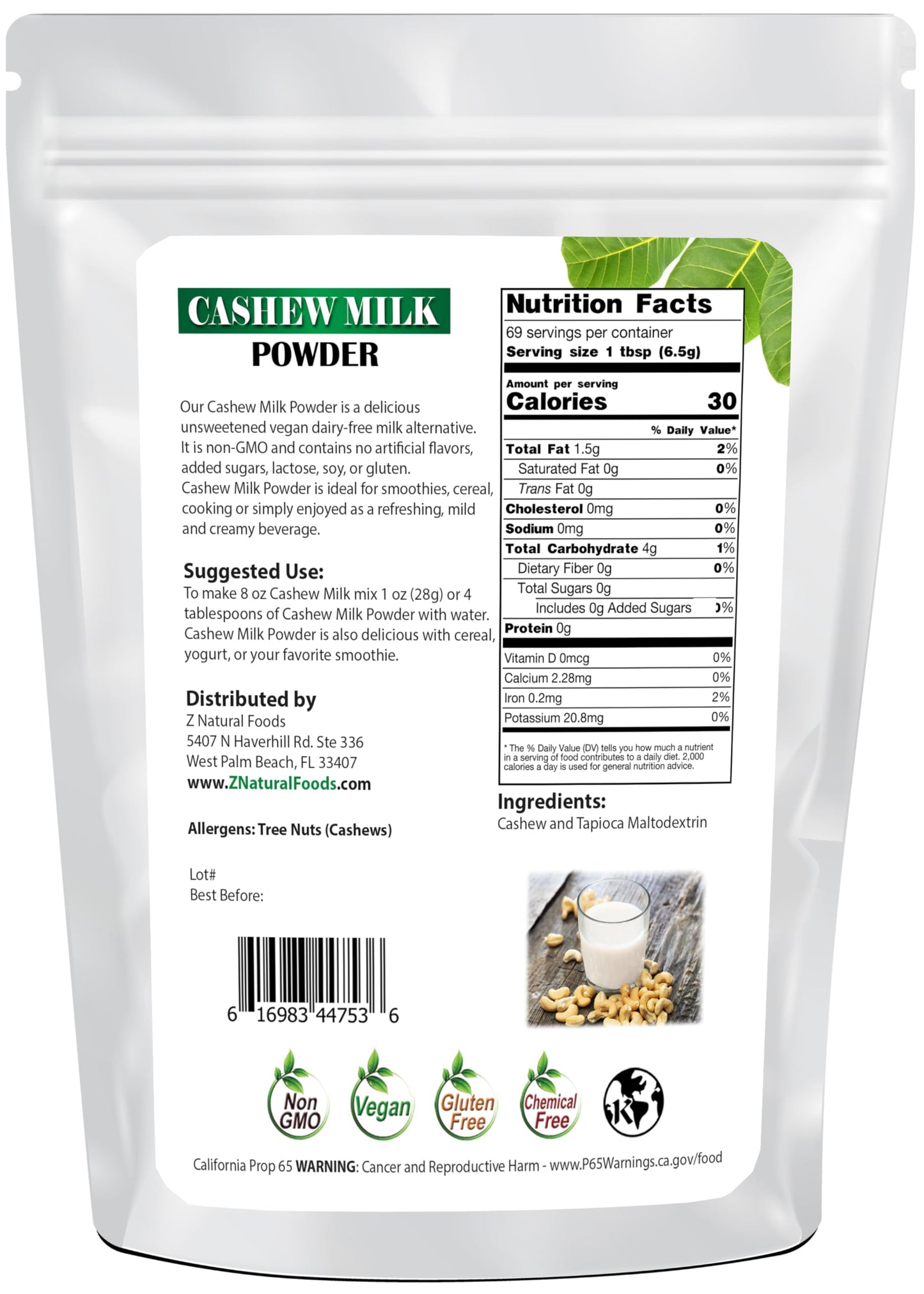 Z Natural Foods Unsweetened Cashew Milk Powder - Plant/Nut Milk For Healthy Heart, Bones, Skin - Substitute for Cashew Butter -
