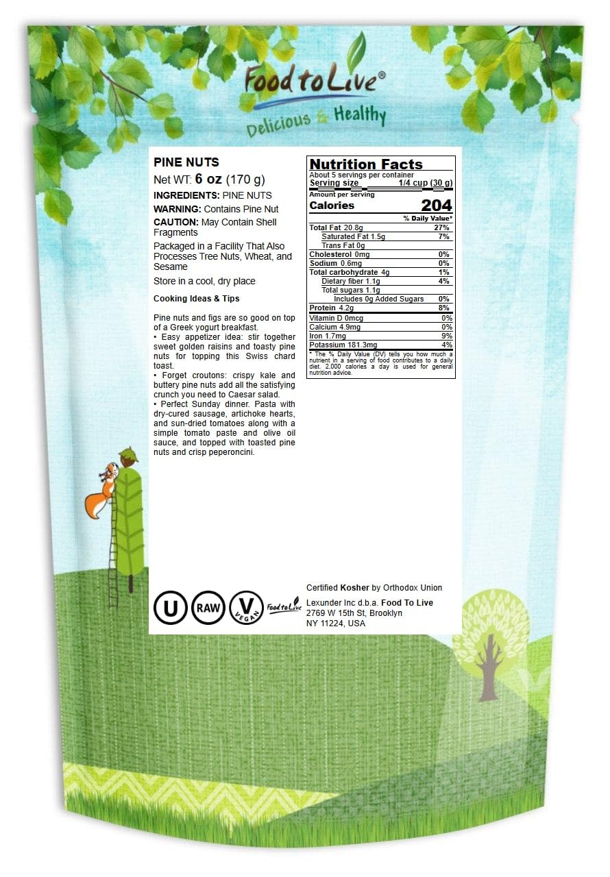 Food To Live - Pine Nuts, 6 Ounces - Whole Raw Pignolias, Unsalted, Kosher. Rich In Vitamin E, Protein. Great For Pesto, Salads,