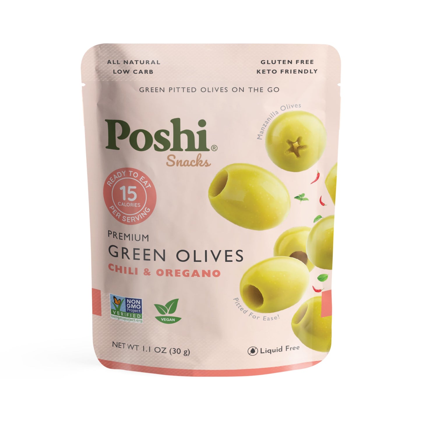 Oloves Green Greek Pitted Olives, Chili & Oregano, Vegan, Gluten Free, 30 Pack, 1.1oz Bags